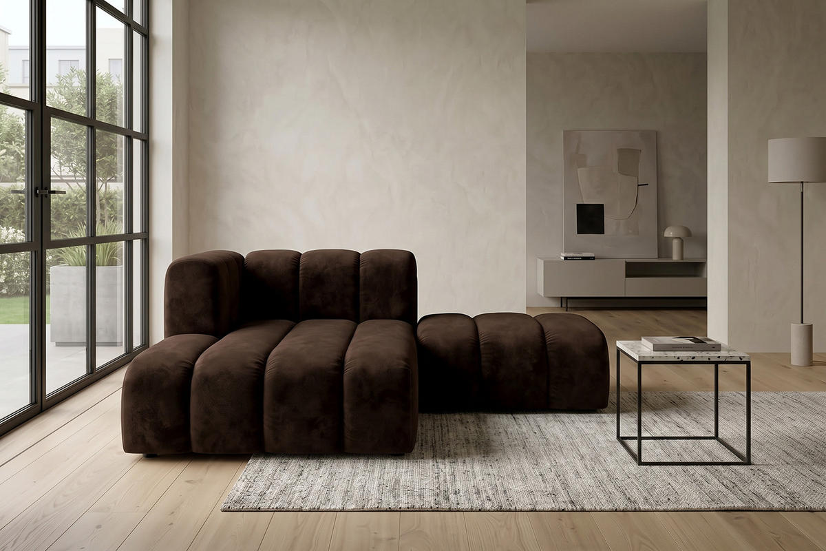 CHAISELONGUE Modulare Mit Hocker, Velvet-Stoff Riviera, Schokolade, Links, GRAND - Braun, Holz (204/179cm) - Kaiser Möbel