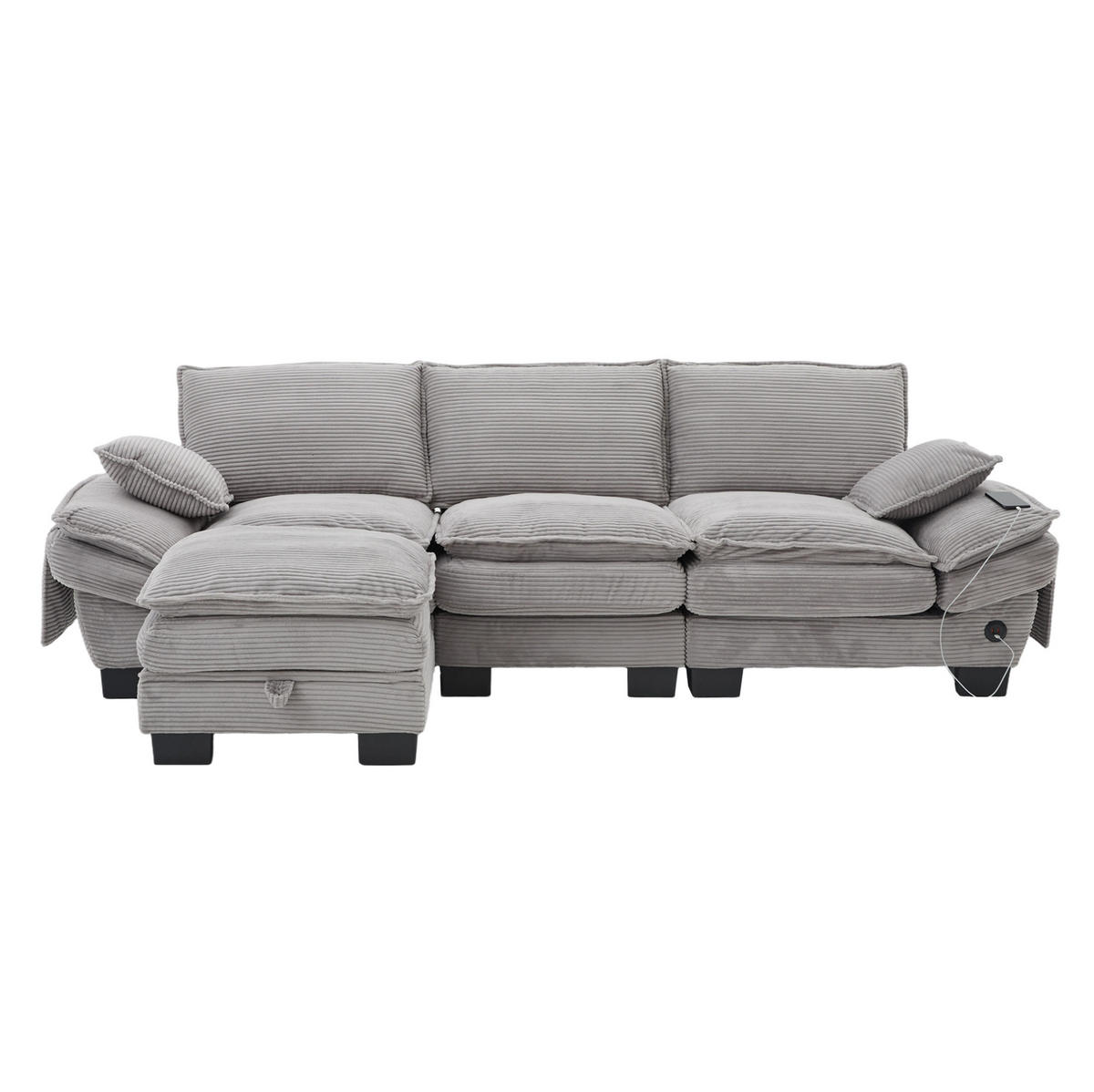 SOFA 3-Sitzer modular mit Hocker 260 x 132 cm Corduroy Light Gray - Hellgrau, Kunststoff (132/260.1cm) - Meubliv