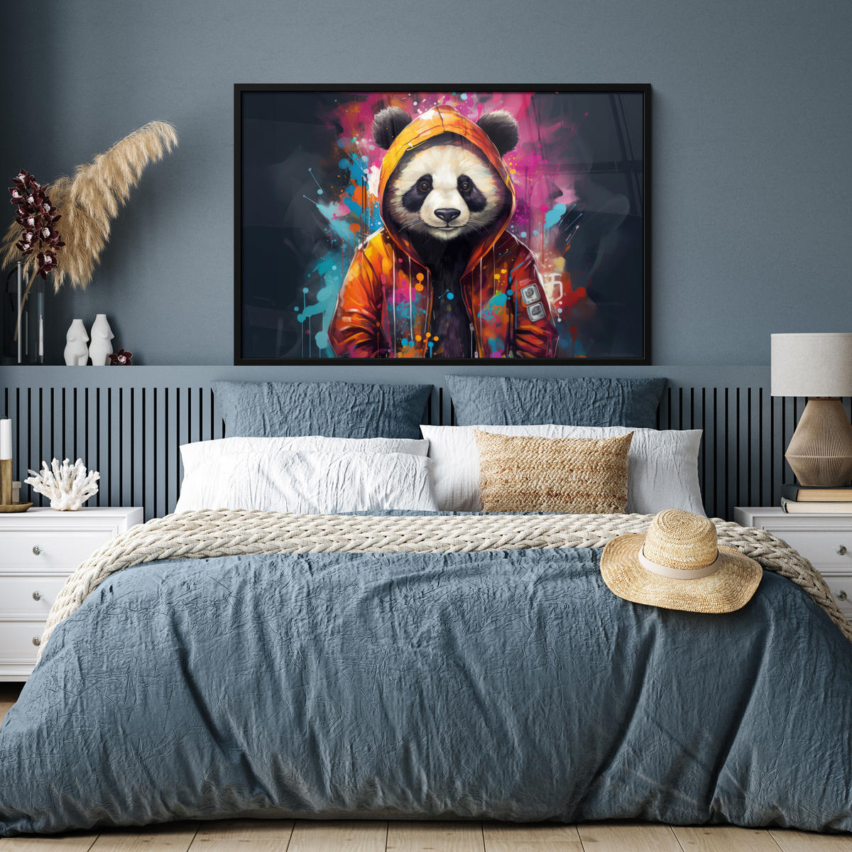 POSTER MIT RAHMEN Panda - Jacke - Graffiti - Orange 120x80 cm - Orange, Papier (120/80cm) - MuchoWow