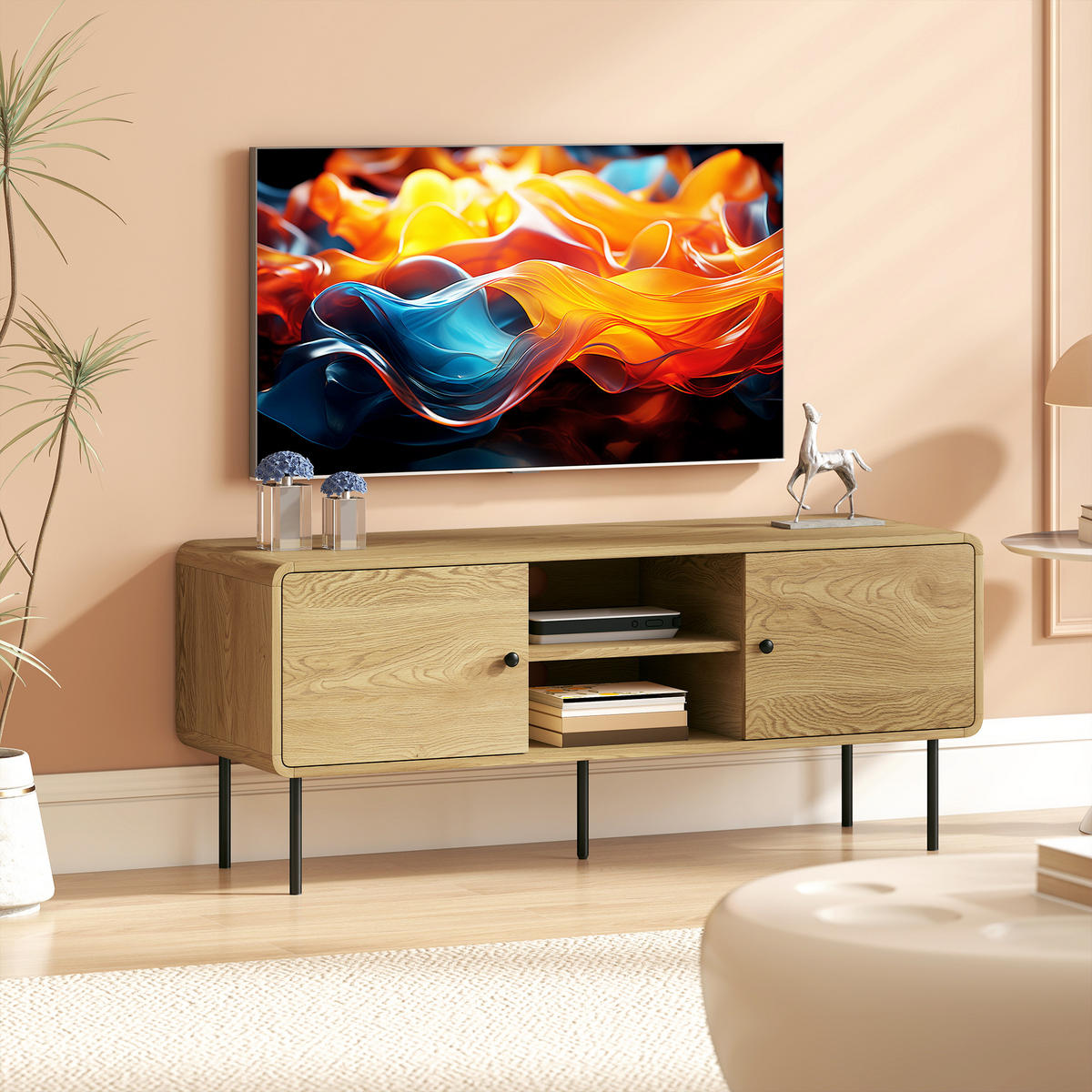 TV-LOWBOARD Eichefarben/Schwarz 120/40/50 cm, 2 Türen, Metallfüße - Eichefarben, Holzwerkstoff (120/50/40cm) - PANGIVO