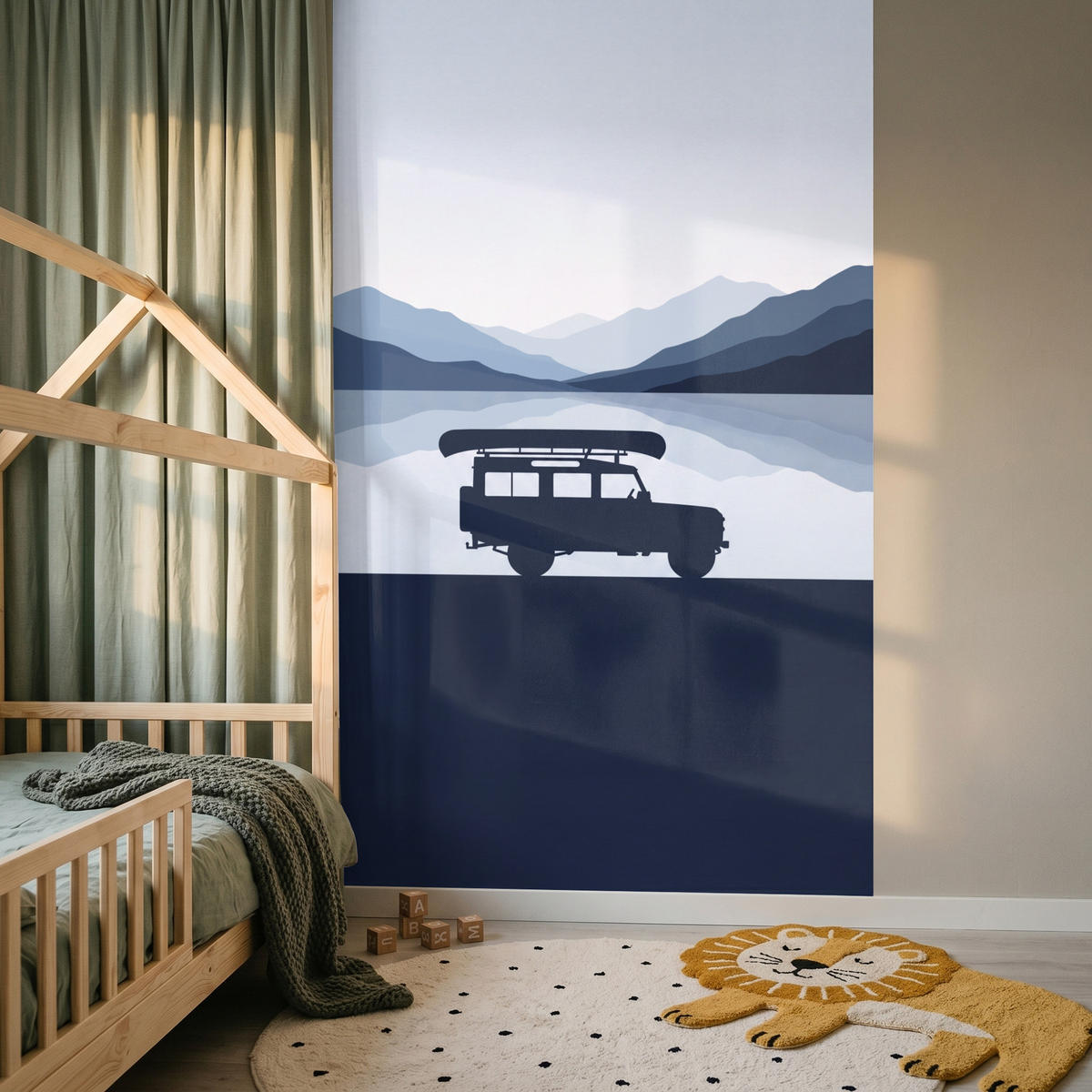 KINDERTAPETE - Auto - See - Berge - Blau - 140x240 cm - Blaugrau, Papier (140/240cm) - OnlyWow