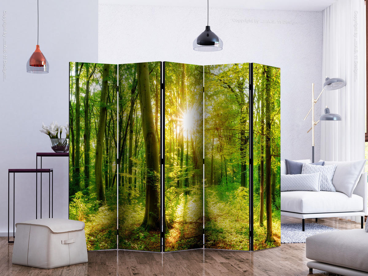 PARAVÁN Jednostranný 5-dielny 225x172 cm Slnečné Lúče v Lese - zelená, drevo/textil (225/172/3cm) - Muralo