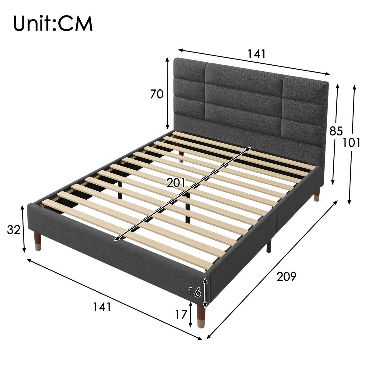 BETT mit Matratze und Lattenrost 140x200 cm Grau - Grau, Holz (140/200cm) - Meubliv