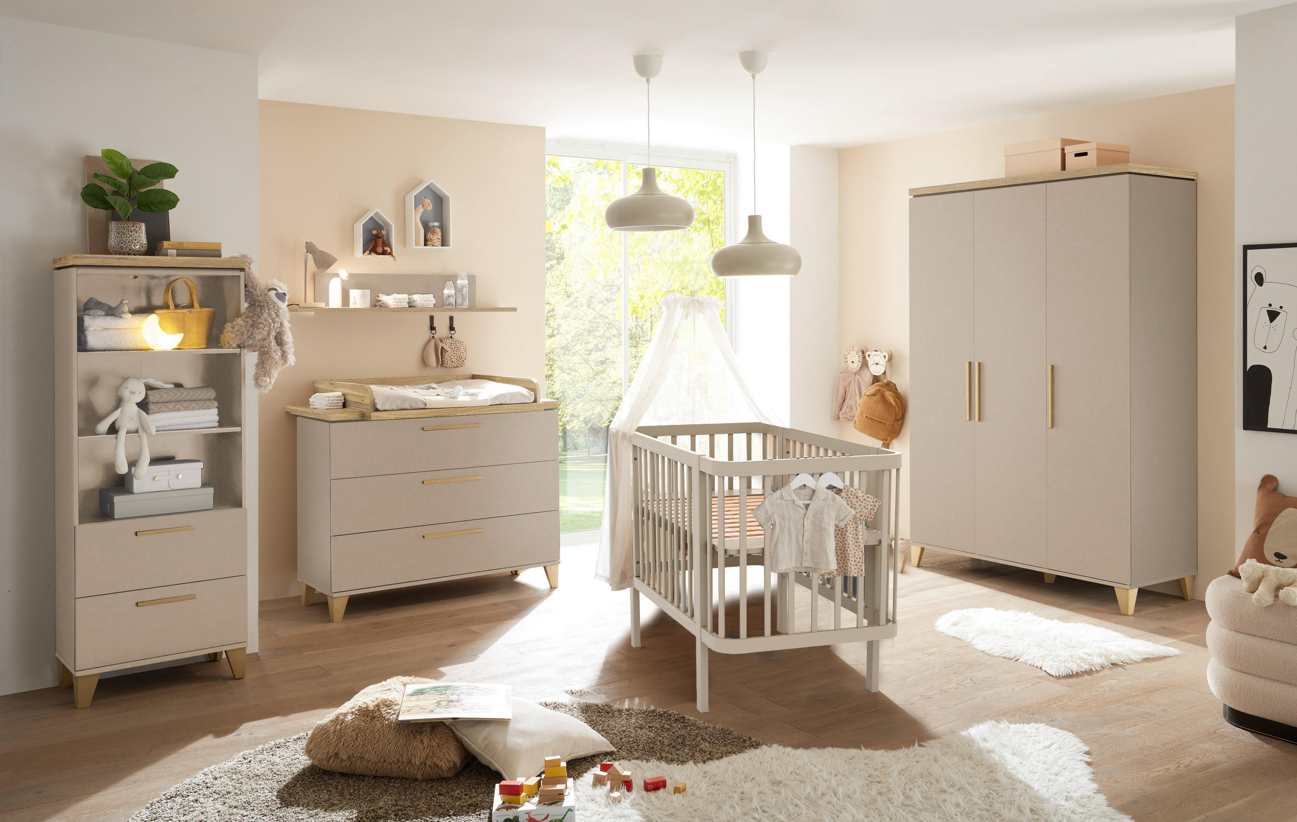 BABYZIMMER Hilda 5 teilig in Kaschmir und Mauvella Oak - Kinderzimmer Komplett Set - Beige, Holzwerkstoff (80/200/120cm)