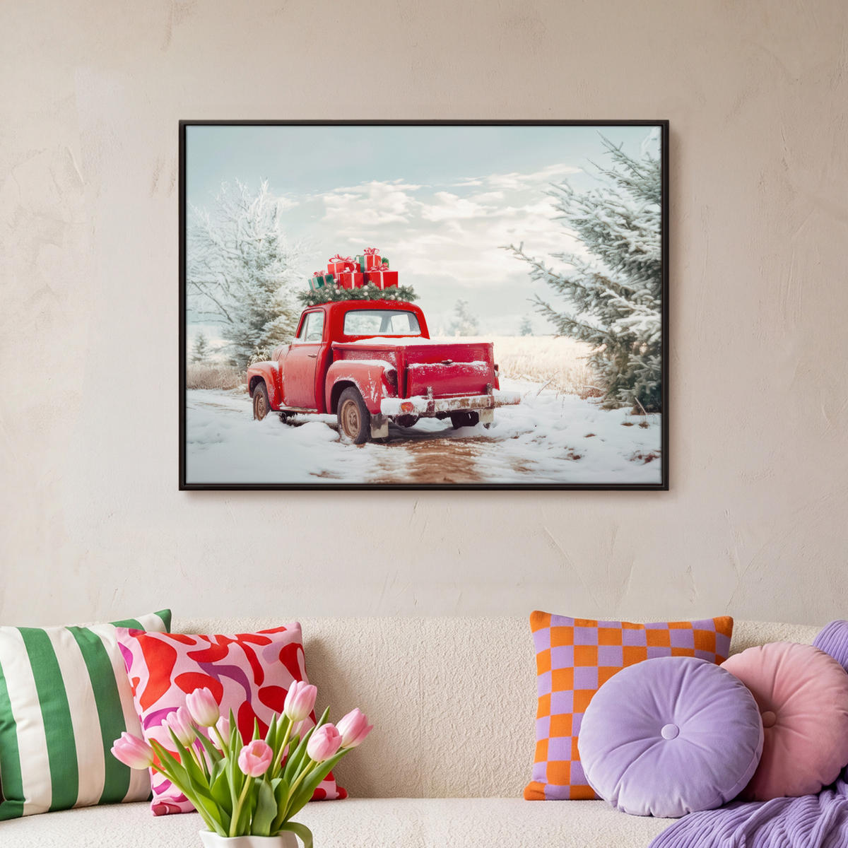 LEINWAND Bilder mit Rahmen - Auto - Rot - Geschenke - Winter - Schnee - Weihnachten - 80x60 - Rot, Textil (80/60cm) - MuchoWow