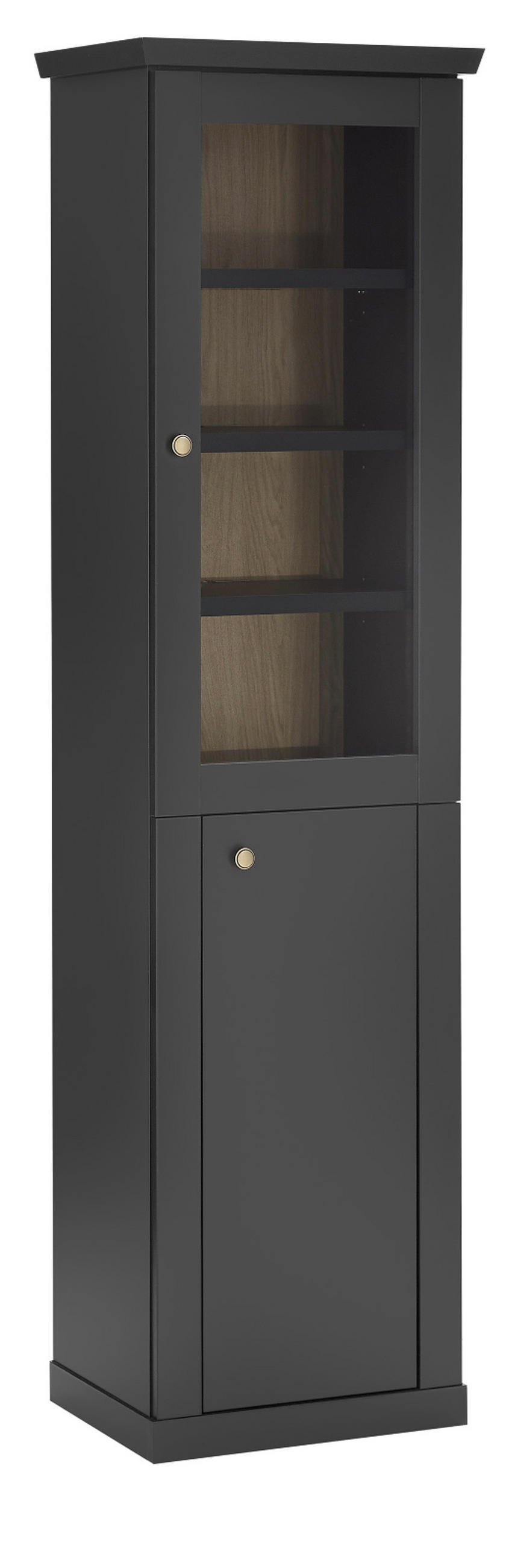 VITRINE schwarz matt, Eiche 55 cm, Vitrinenschrak Landhaus mit Soft-Close - Eichefarben/Messingfarben, Glas/Holzwerkstoff (55/200/39cm) - Furn.Design