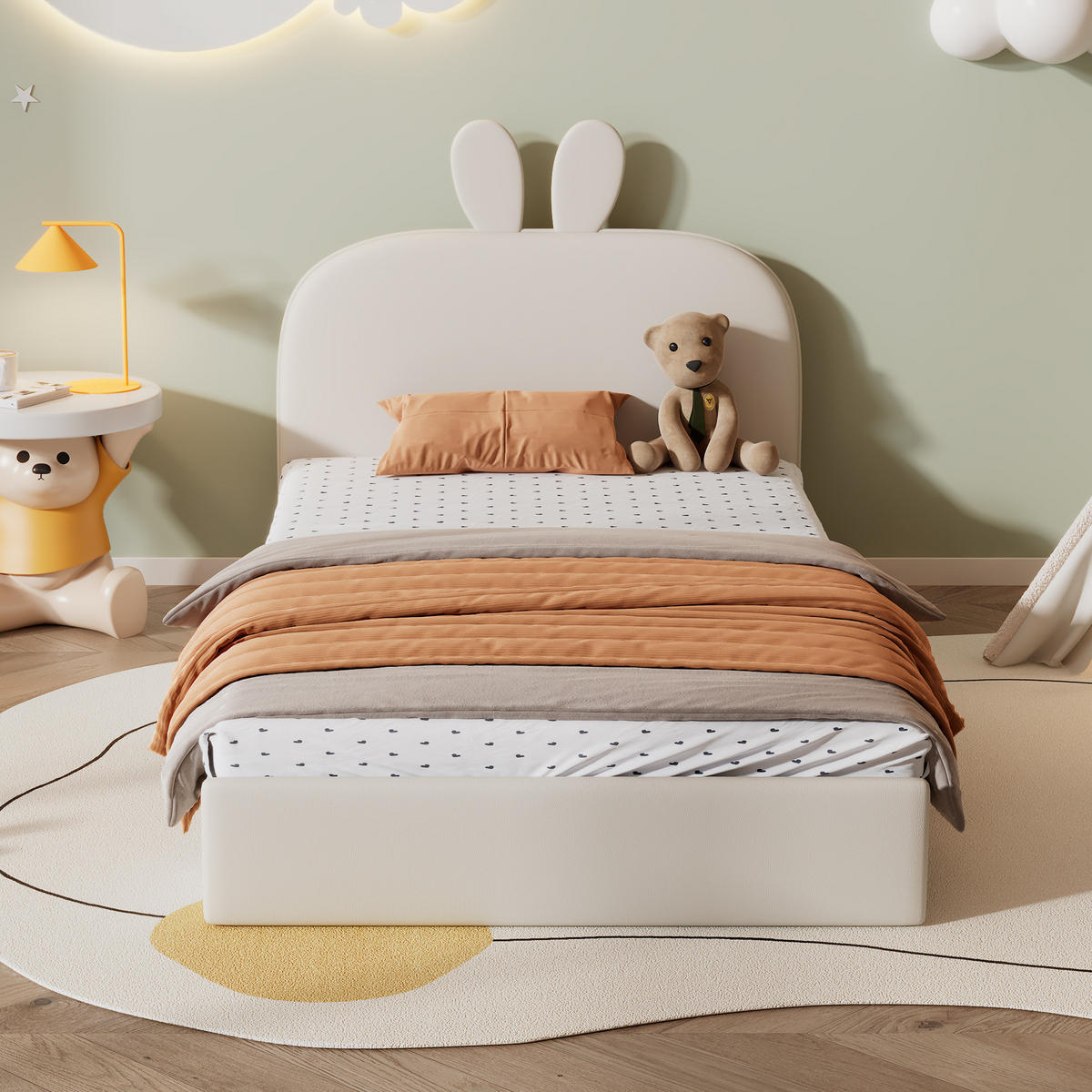 KINDERBETT 90/200 cm mit Kaninchen-Kopfteil und Holzlattenrost, Samt, Beige - Beige, Textil (90/200cm) - Redom