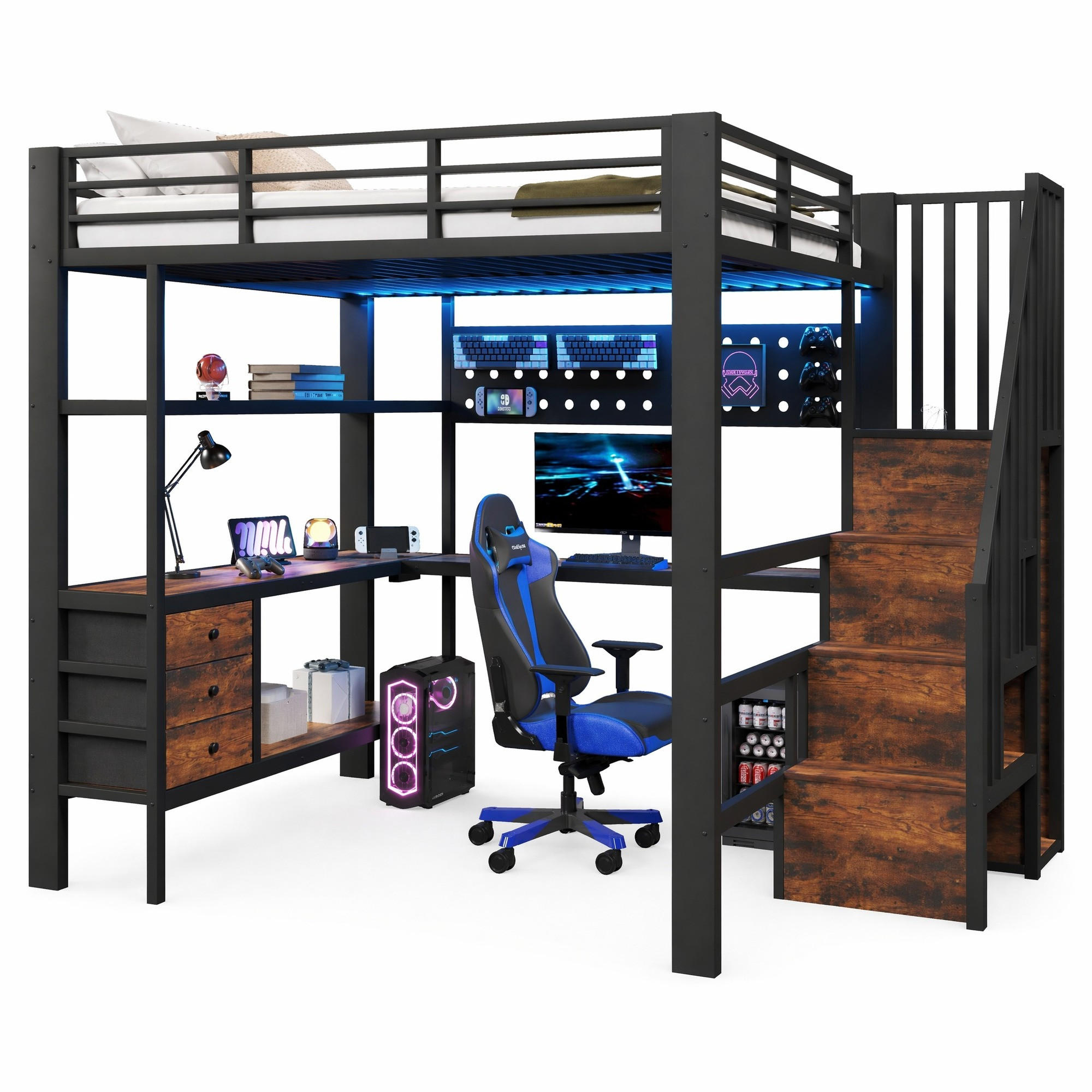 HOCHBETT mit Schreibtisch und Stauraum 140x200 cm Metall MDF Schwarz - Schwarz, Metall (140/200cm) - Meubliv