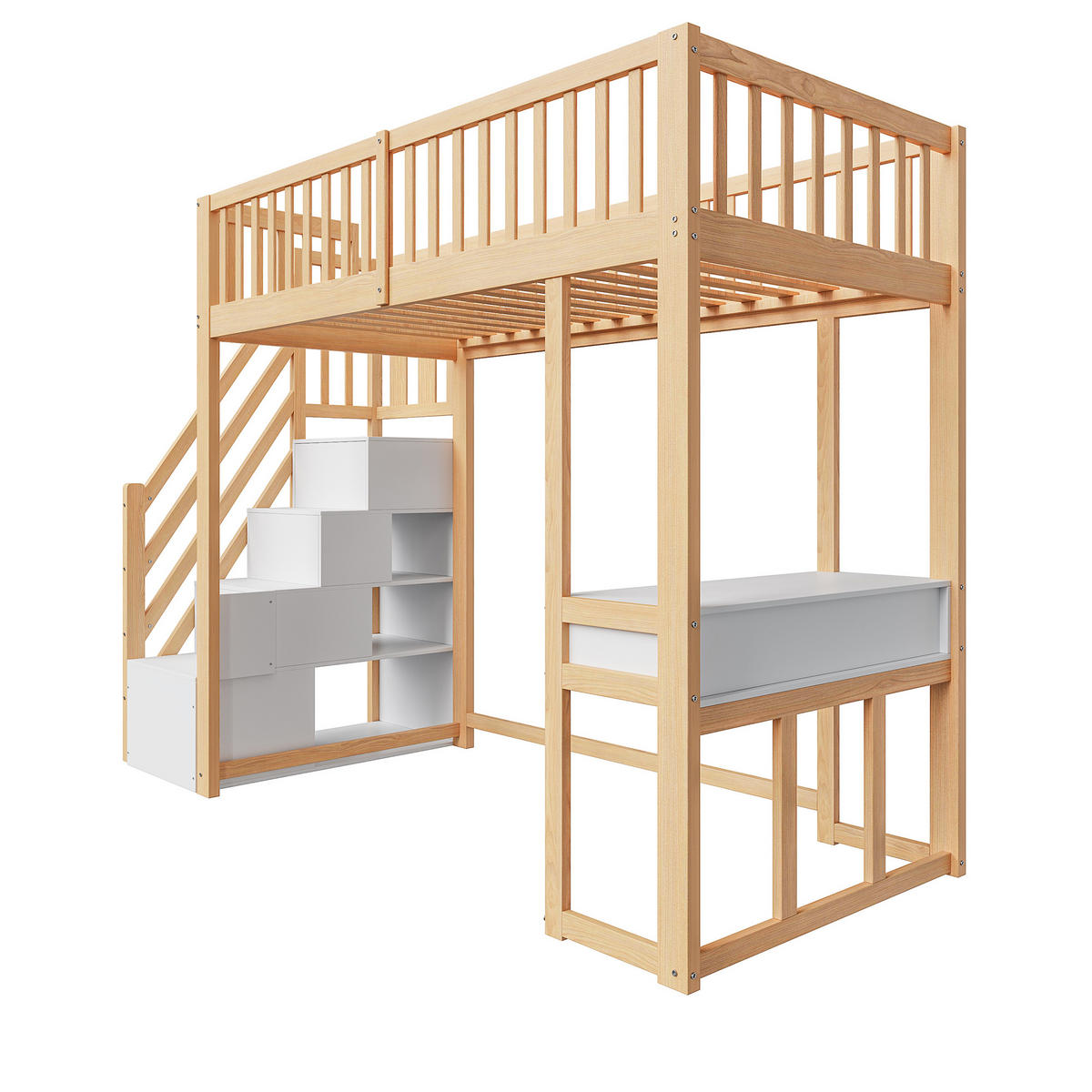 HOCHBETT 90/200 cm in Weiß & Eichefarben mit Aufbewahrungstreppe und Tisch - Naturfarben, Holz (90/200cm) - STILVORA