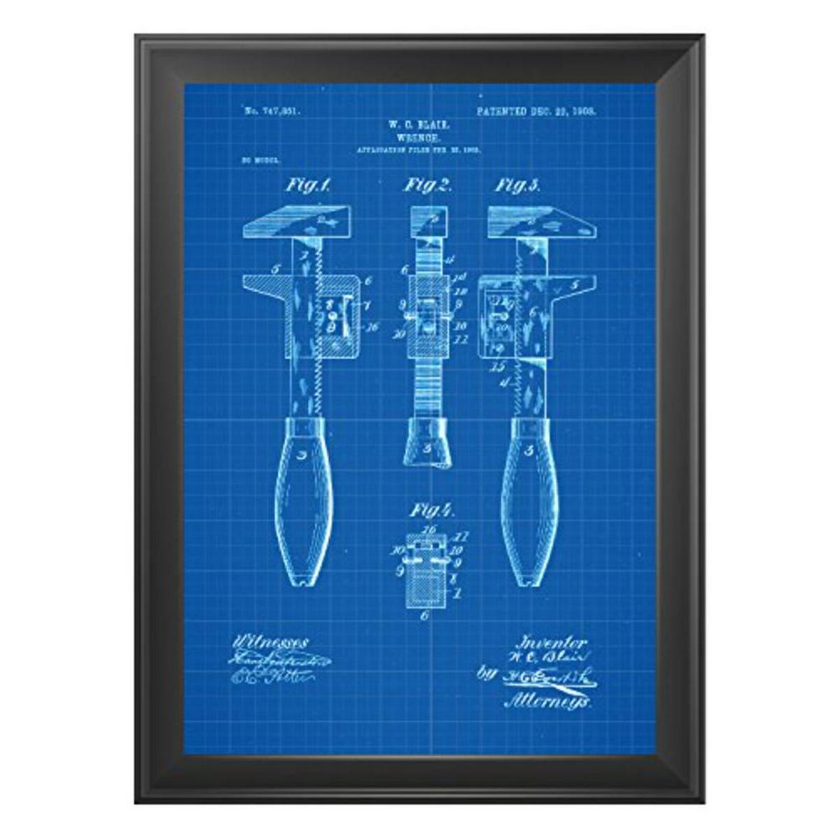 POSTER Set mit 4 Blau Werkzeug Patenten A4 Schwarzer Rahmen - Schwarz, Papier (29.7/3cm) - Nacnic