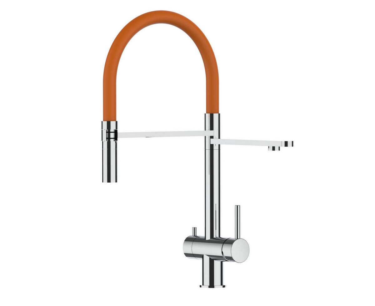 3-WEGE-KÜCHENARMATUR, Edelstahl Massiv aus Chirurgenstahl, Hochglanz und Orange, 2-Strahl-Brause - Orange, Metall (24/49/24cm) - VIZIO