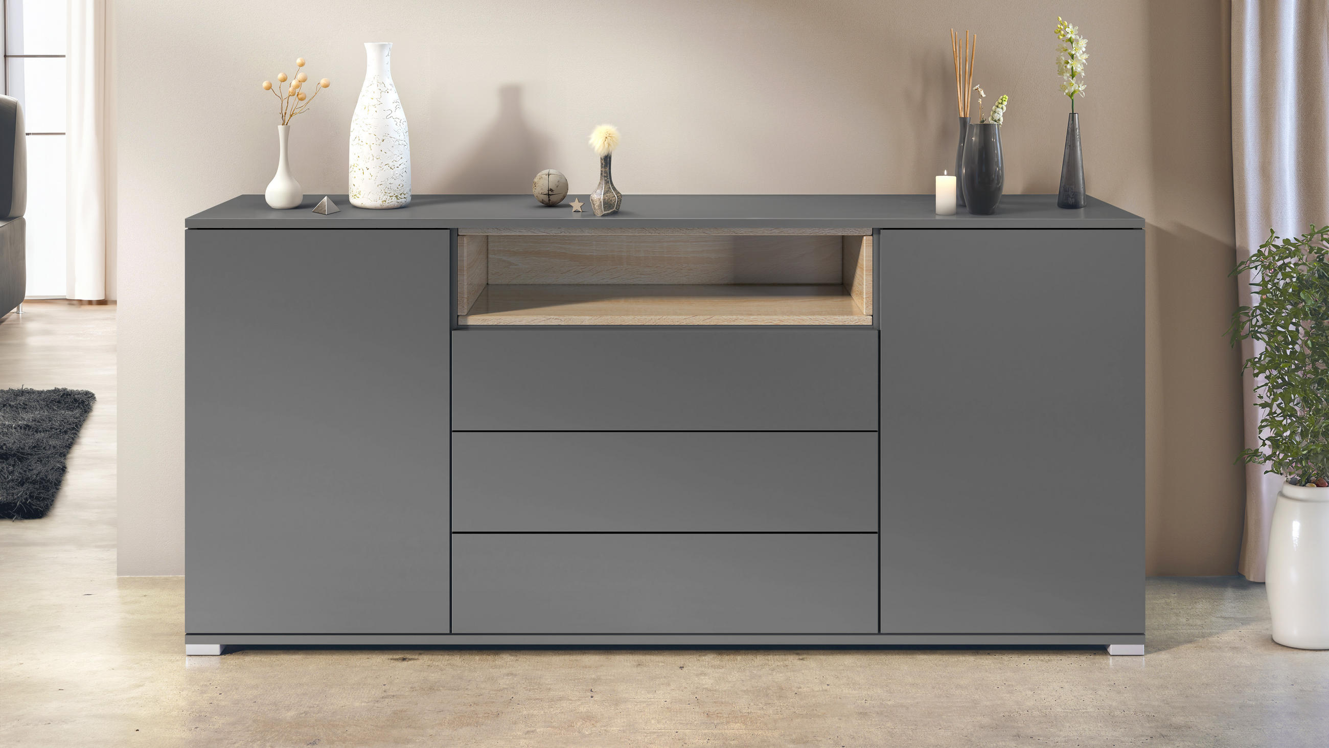 SIDEBOARD Skadu Eiche sägerau - Eiche San Remo, Holzwerkstoff (166.5/75.5/35cm) - Vladon