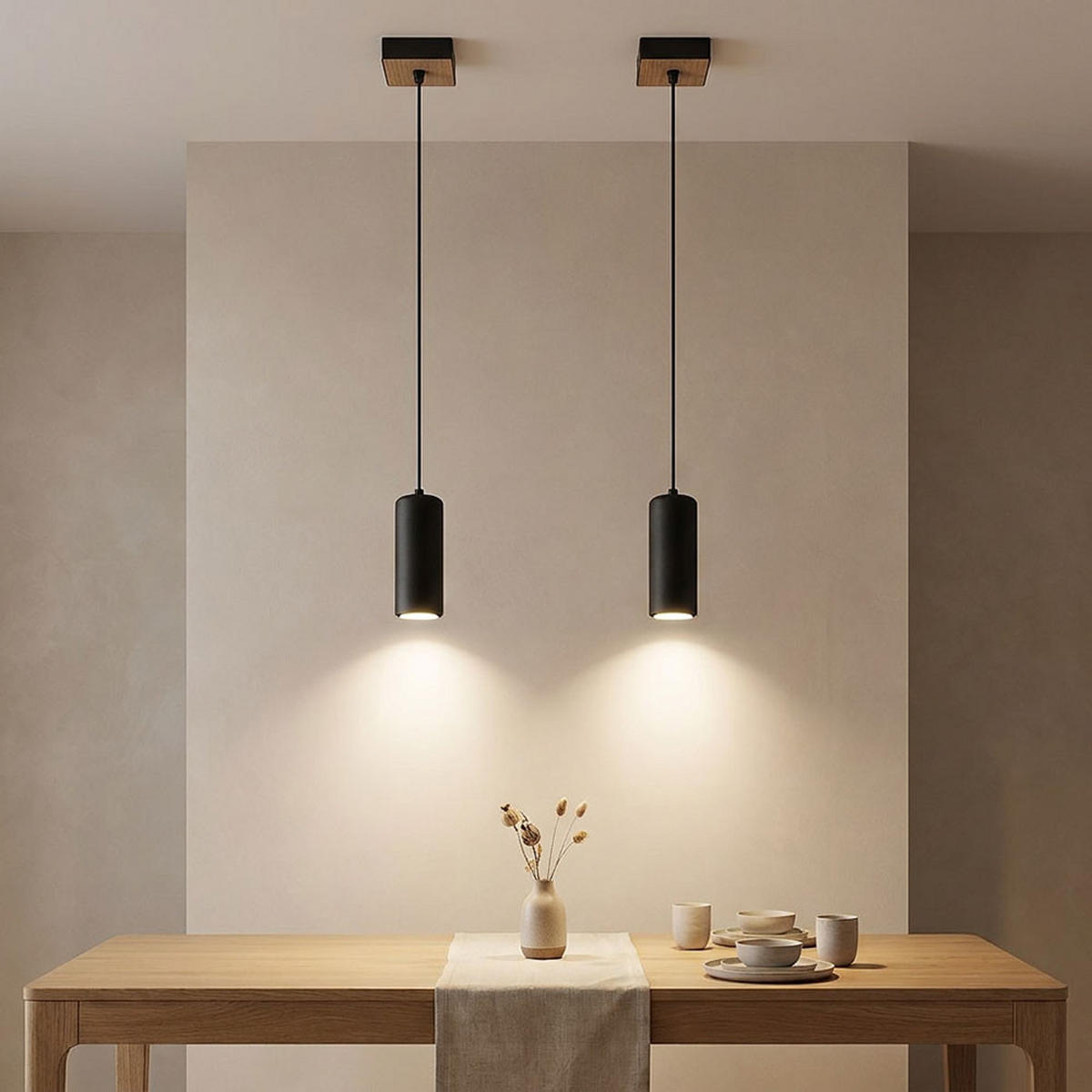 HÄNGELEUCHTE Holzoptik Schwarz Zylinder 2er Set - Schwarz, Metall (9/9/120cm) - Globo Lighting