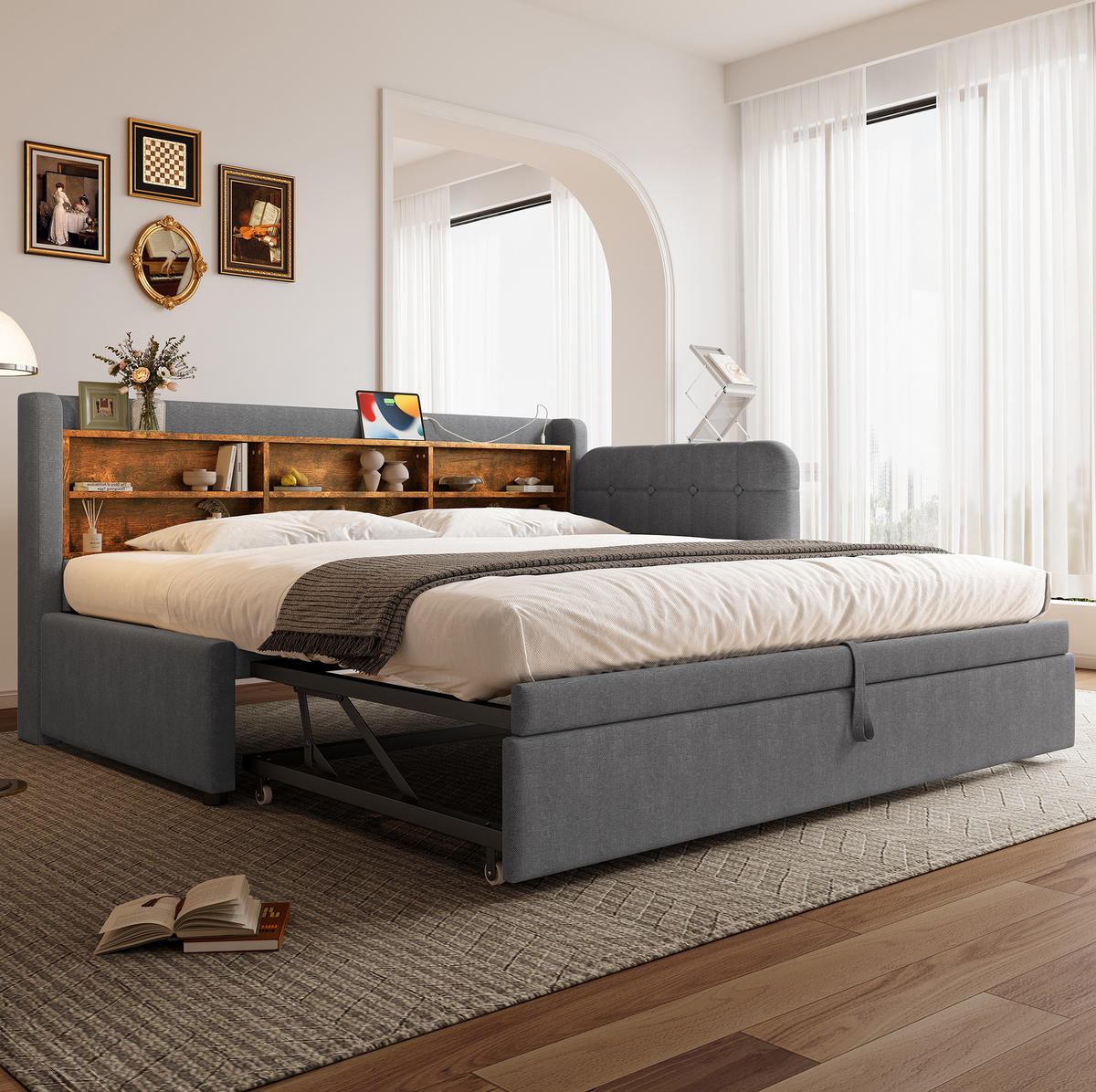 ČALÚNENÁ posteľ z ľanu 90x200 cm sivá s výsuvným lôžkom, USB a USB-C portom, policami - sivá, textil (90/200cm) - Modfu