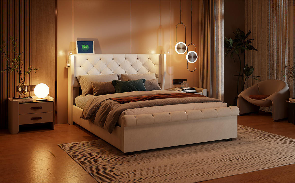 KLÄDD säng 140x190 cm beige sammet LED gaslyftsäng - Beige, Trä (140/190cm) - SHOPENTRA