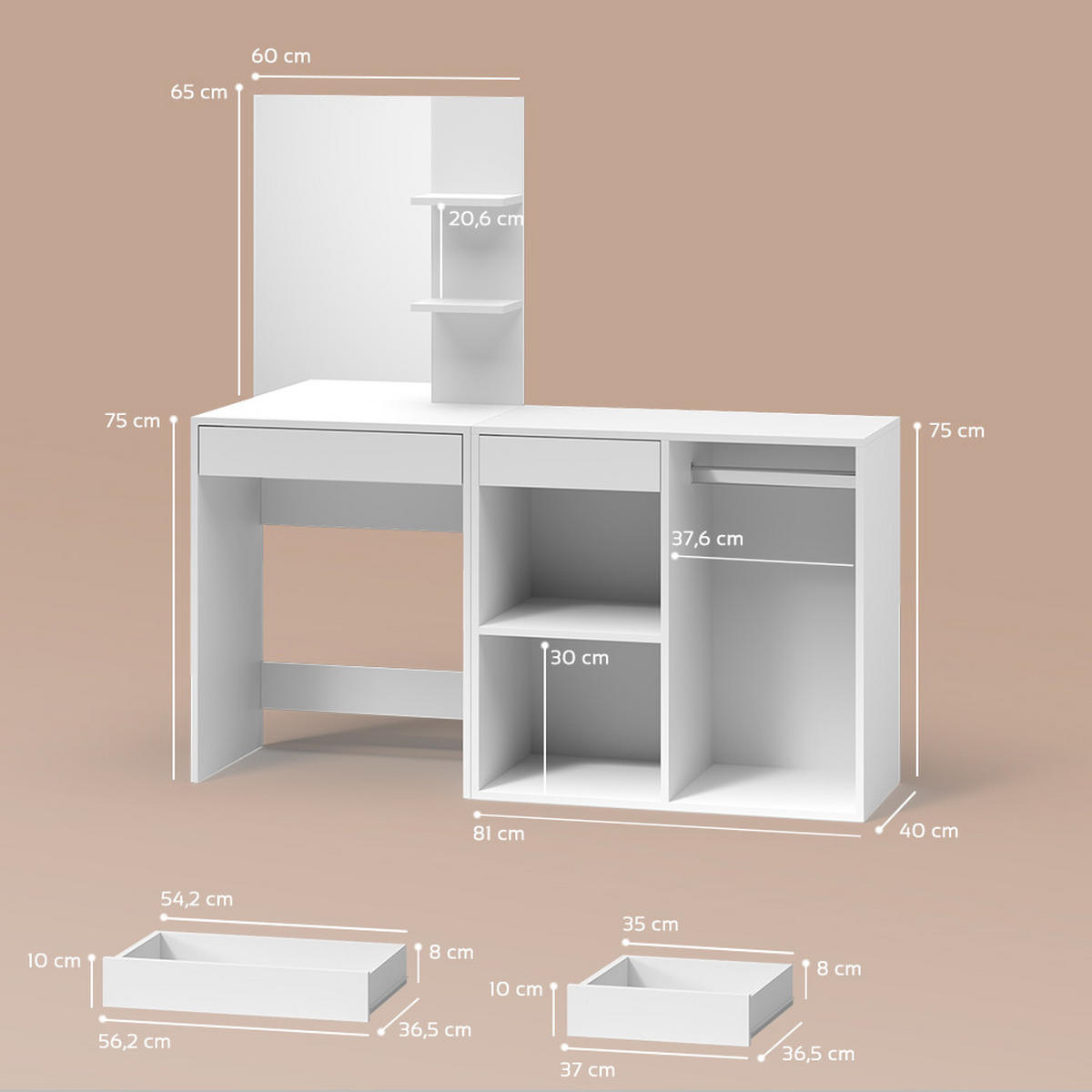 SCHMINKTISCH Nola Weiß 140 cm mit Schrank - Weiß, Holzwerkstoff (140/140/40cm) - Livinity®