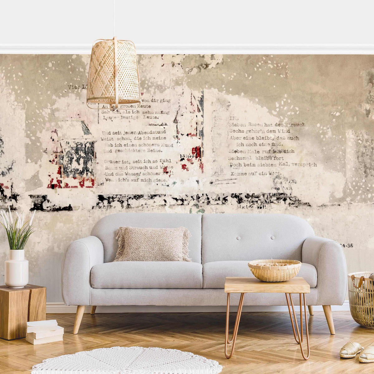 FOTOTAPETE Alte Betonwand mit Bertolt Brecht Versen 336/225 cm - Eichefarben, Papier (336/225cm) - Bilderwelten