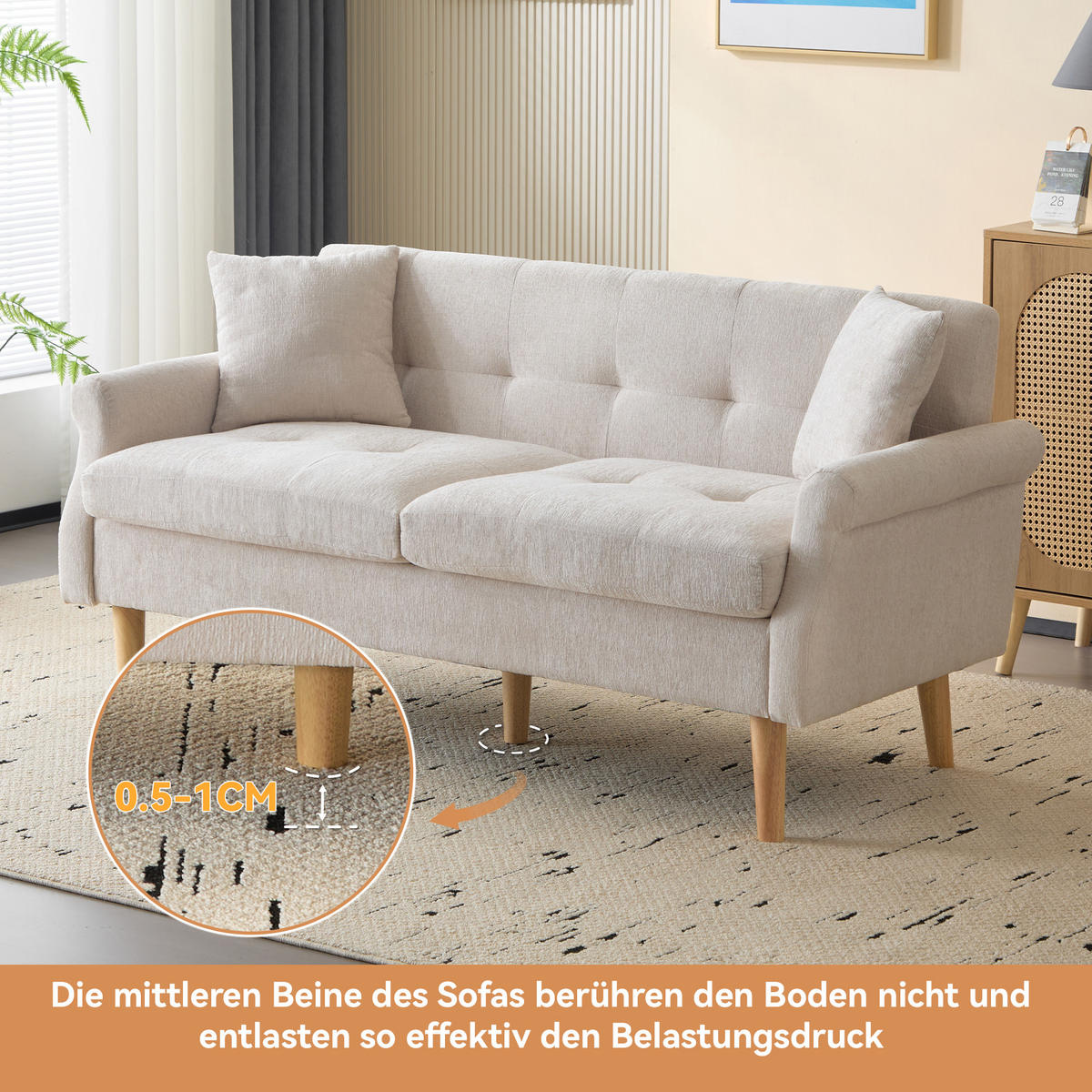 SOFA Modernes 2-Sitzer mit Stoffbezug, Hellgrau – Kompakt, bequem, stilvoll, 160 x 85 x 80 cm - Beige, Holzwerkstoff/Textil (162/77/74cm) - Urban Meuble