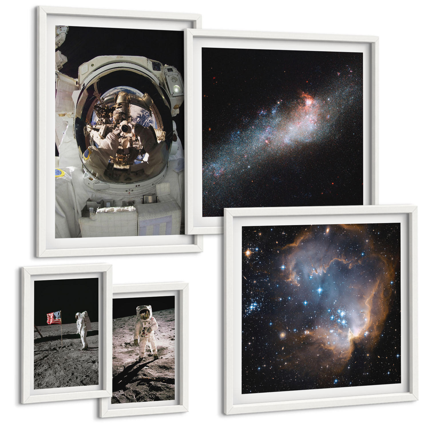 BILDER SET 5er Set - 50x50 cm & 20x30 cm & 40x60 cm Weißer Rahmen - Astronauten landen auf dem Mond - Weiß, Kunststoff (40/60cm) - TULUP