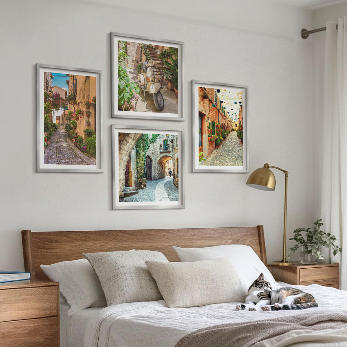 BILDER SET 4er Set - 50x50 cm & 40x60 cm Silberner Rahmen - Charmante italienische Straßen und Blumen - Silberfarben, Kunststoff (50/50cm) - TULUP