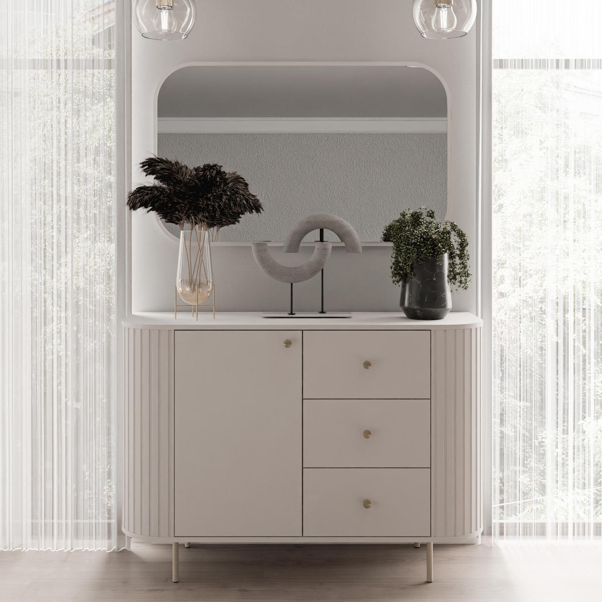 SIDEBOARD Halay Beige, 1 Tür & 3 Schubladen Moderne Rillenstruktur 123 cm - Beige/Goldfarben, Holzwerkstoff/Metall (123/85.4/42.3cm) - AX Living