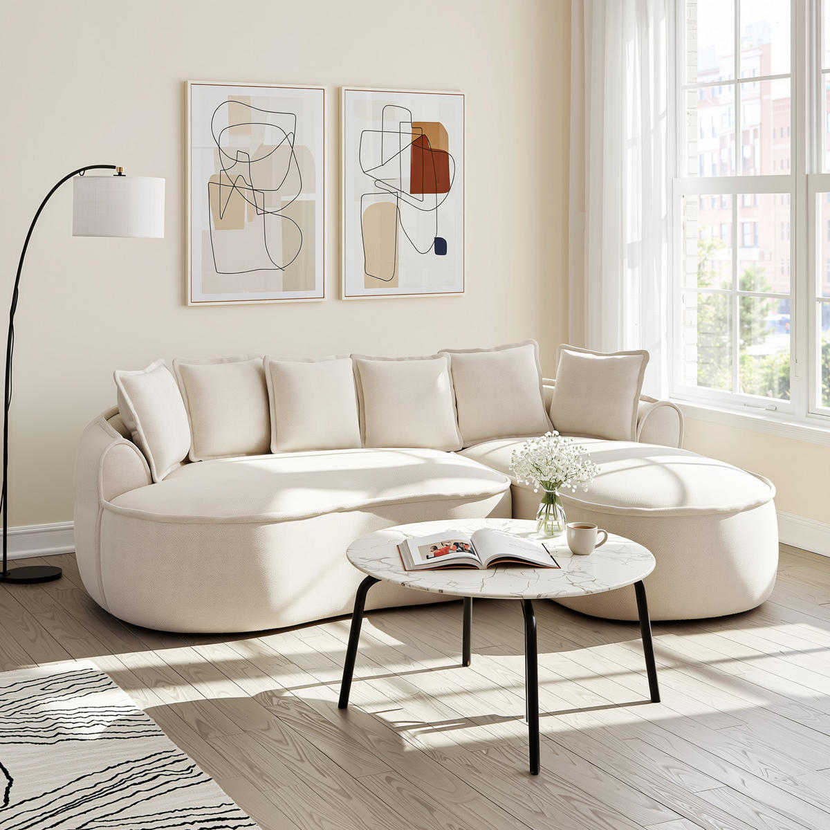 ECKSOFA chenille mit extra tiefer chaiselongue & rahmenlosem design - Hellbraun, Textil (252/164cm) - Urban Meuble