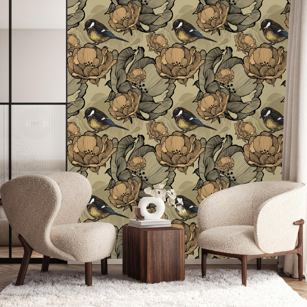 VLIESTAPETE Vögel und Vintage-Blüten – Beige, Braun, Schwarz – 50x1000 cm - Beige/Schwarz, Papier (50/1000cm) - Muralo