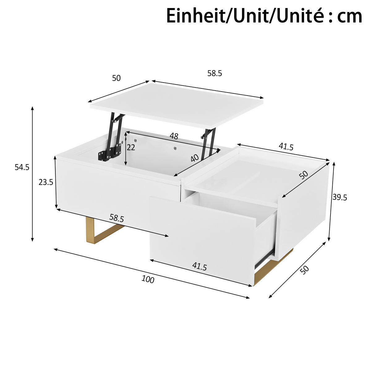 COUCHTISCH Höhenverstellbar MDF Hochglanz Schublade - Weiß, Holzwerkstoff (50/100/54.5cm) - FLIEKS
