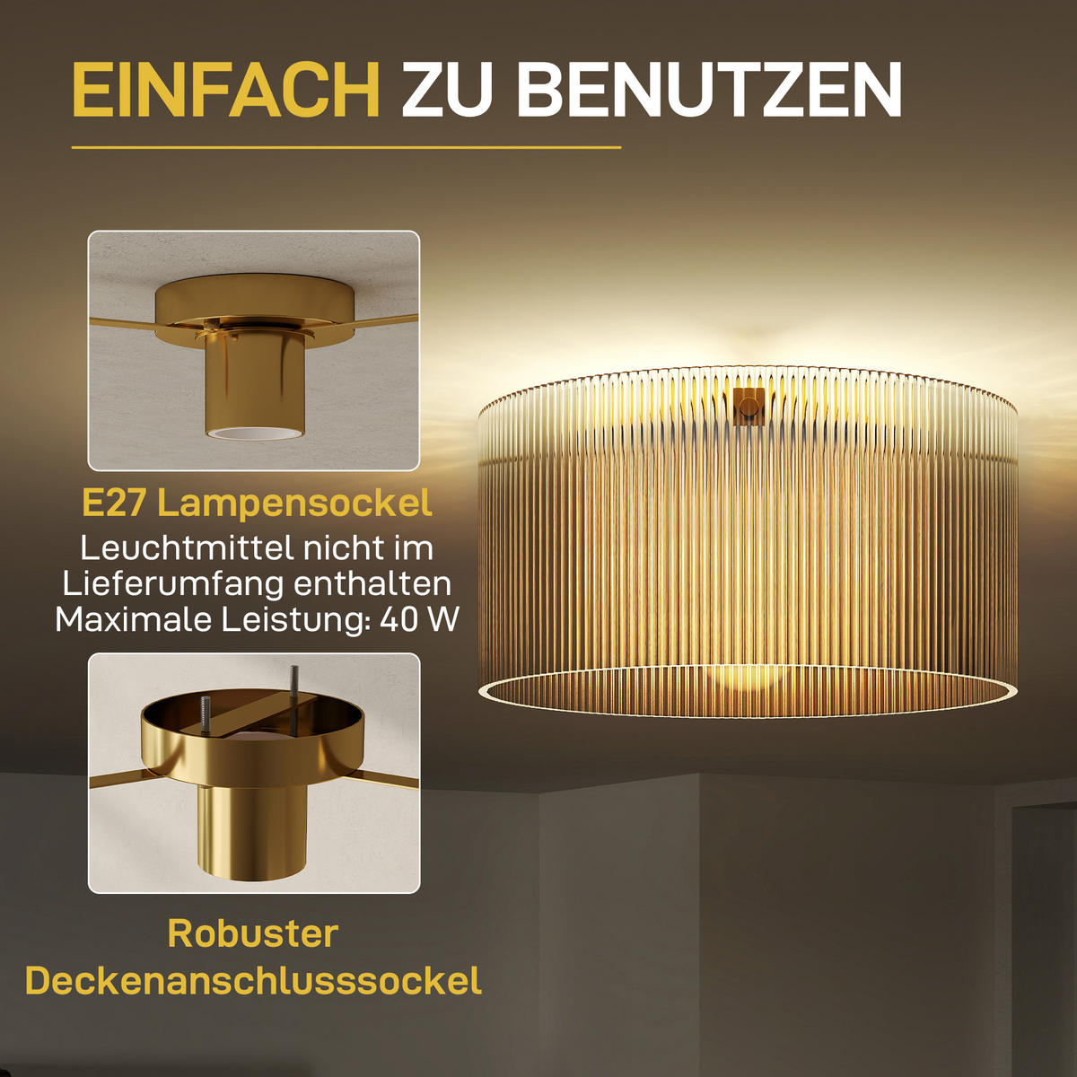 DECKENLAMPE, Runde Deckenleuchte mit E27 Fassung für Schlafzimmer - Transparent, Metall (32/32/16.5cm) - HOMCOM