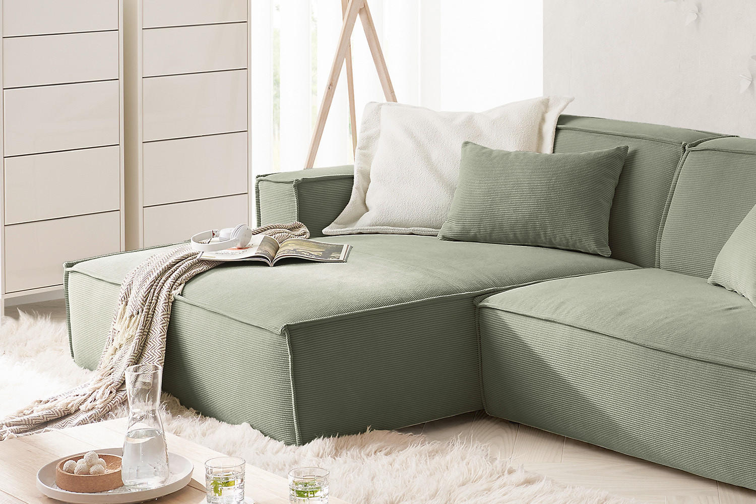 ECKSOFA SAMU Hellgrün Cord - Schwarz/Hellgrün, Textil (276/168cm) - KAWOLA