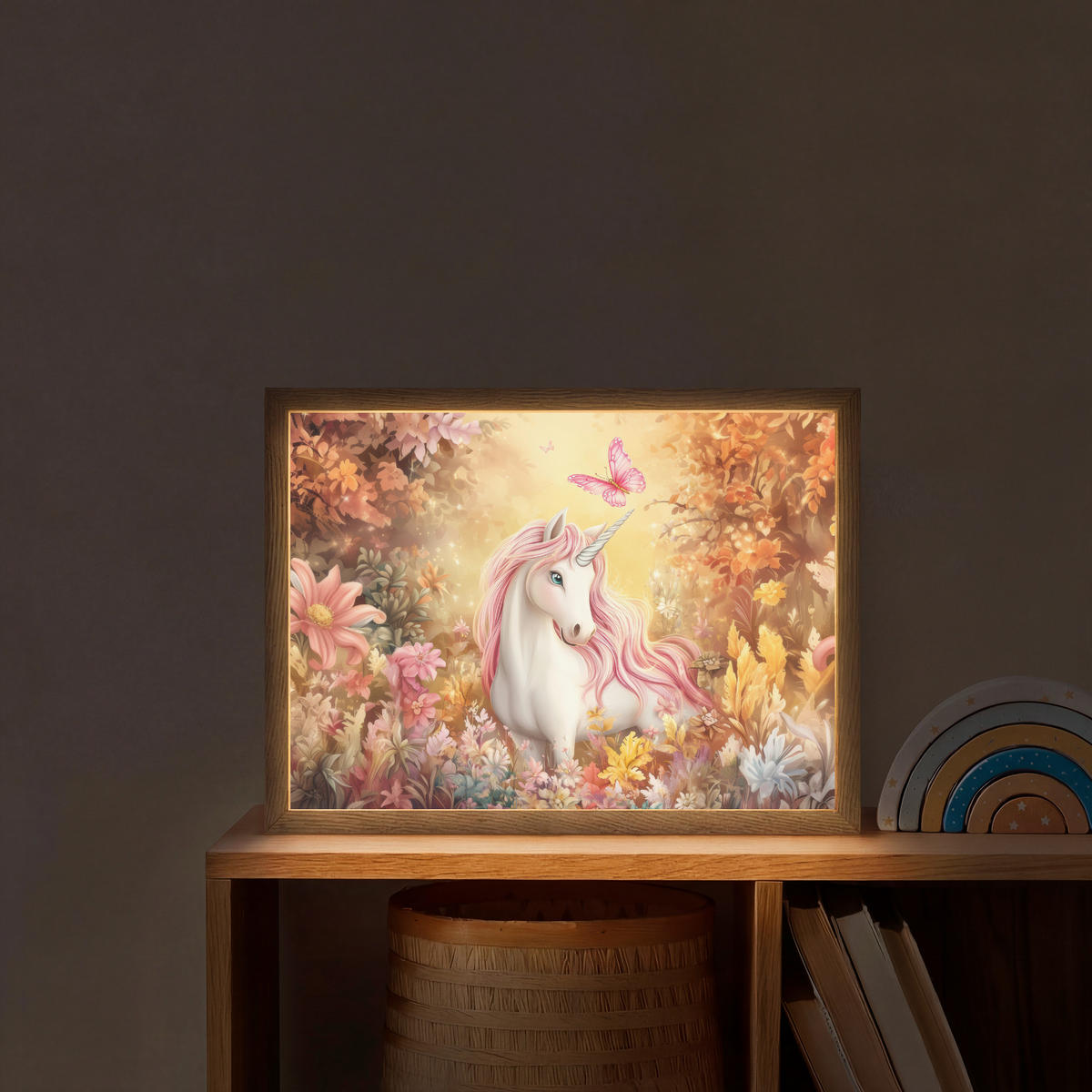 DOBÍJECÍ NOČNÍ LAMPIČKA Jednorožec - Květiny - Motýl - Růžová 40x30 cm - béžová, kompozitní dřevo (8/40/30cm) - OnlyWow