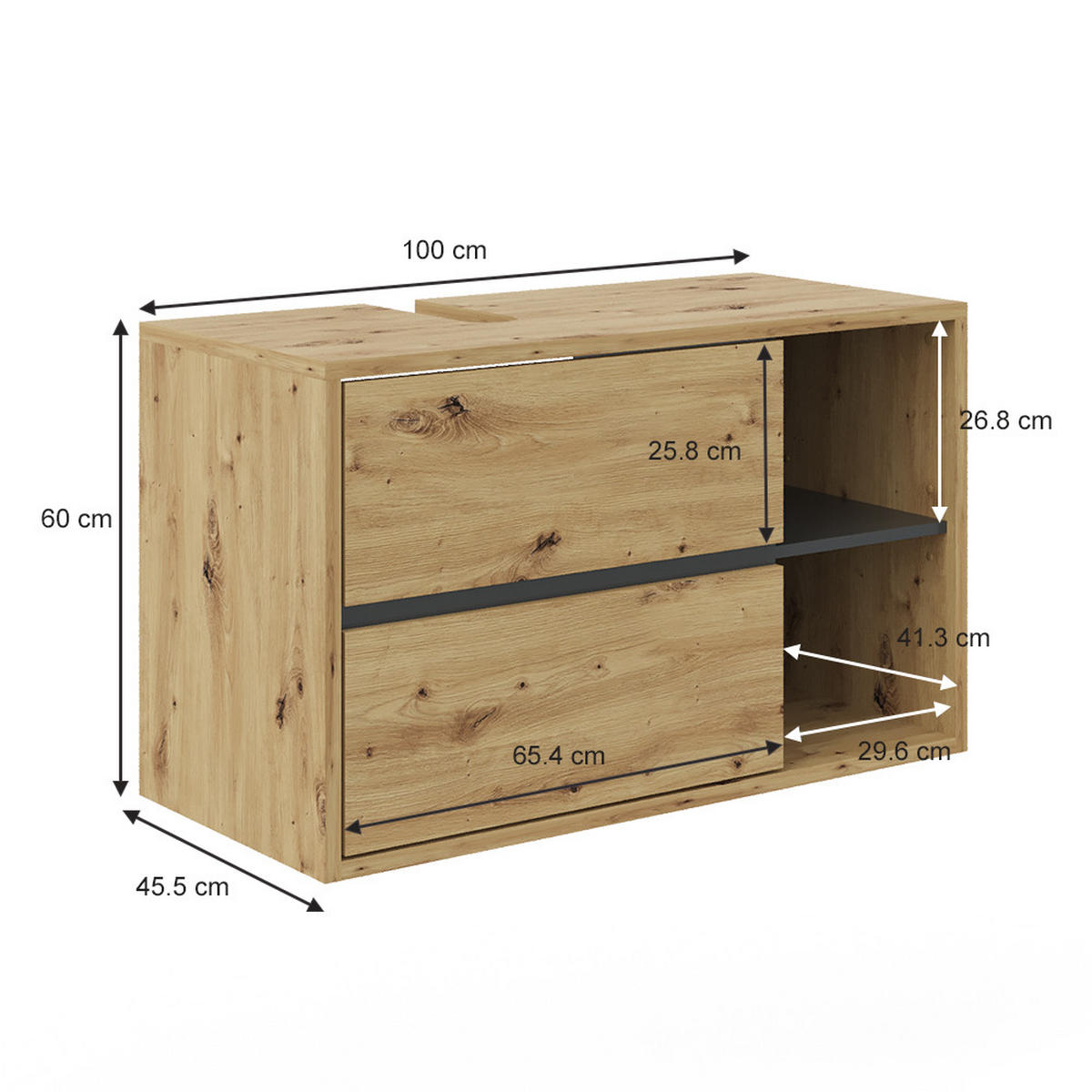 WASCHBECKENUNTERSCHRANK Viola Artisan-Eiche 100 x 60 cm - Eichefarben/Anthrazit, Holzwerkstoff (100/60/45.5cm) - Vicco