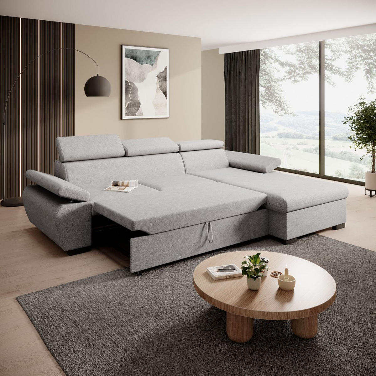 ECKSCHLAFSOFA Coco mit verstellbare Kopfstützen, hellgrau, rechts - Hellgrau, Textil (273/191cm) - Beautysofa