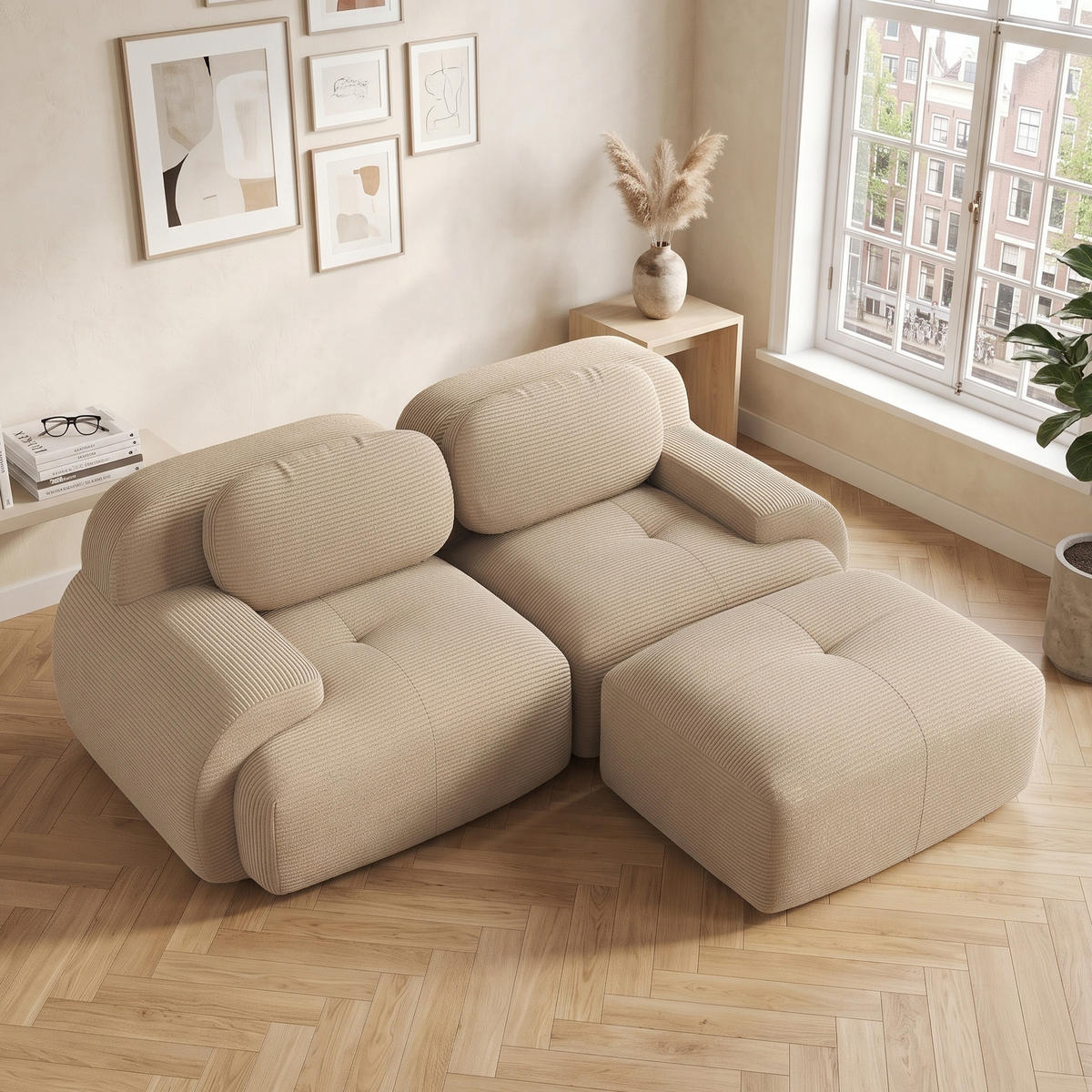 ROHOVÁ POHOVKA modulární bezrámová manšestrová pohovka 2místná - béžová, textil (208/178cm) - Urban Meuble