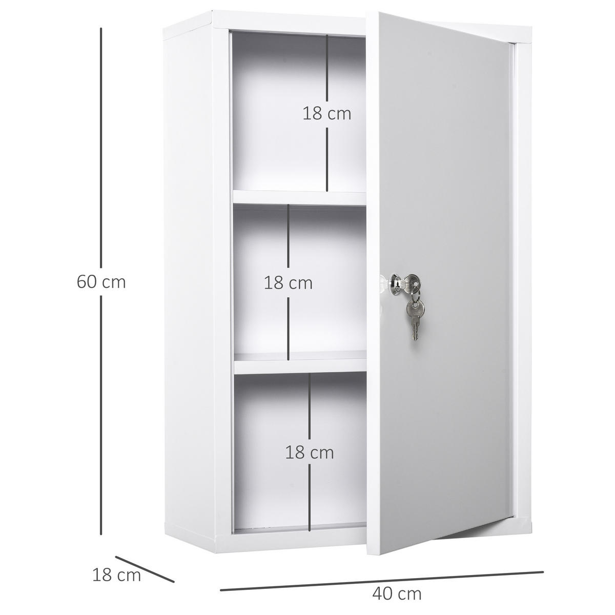 MEDIZINSCHRANK mit Schloss, 3 Fächer, Stahl, Weiß - Weiß, Metall (18/60/40cm) - Kleankin