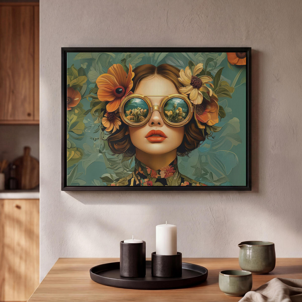 LEINWAND Bilder mit Rahmen - Frau - Blumen - Schmetterlinge - Natur - Vintage - 40x30 - Salbeigrün, Textil (40/30cm) - MuchoWow