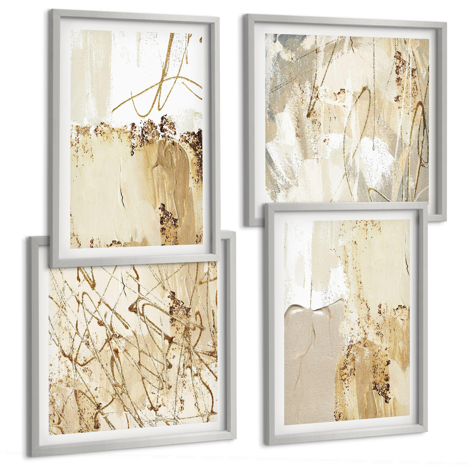 BILDER SET 4er Set - 50x50 cm & 40x60 cm Silberner Rahmen - Abstrakte Muster beige weiß - Silberfarben, Kunststoff (50/50cm) - TULUP