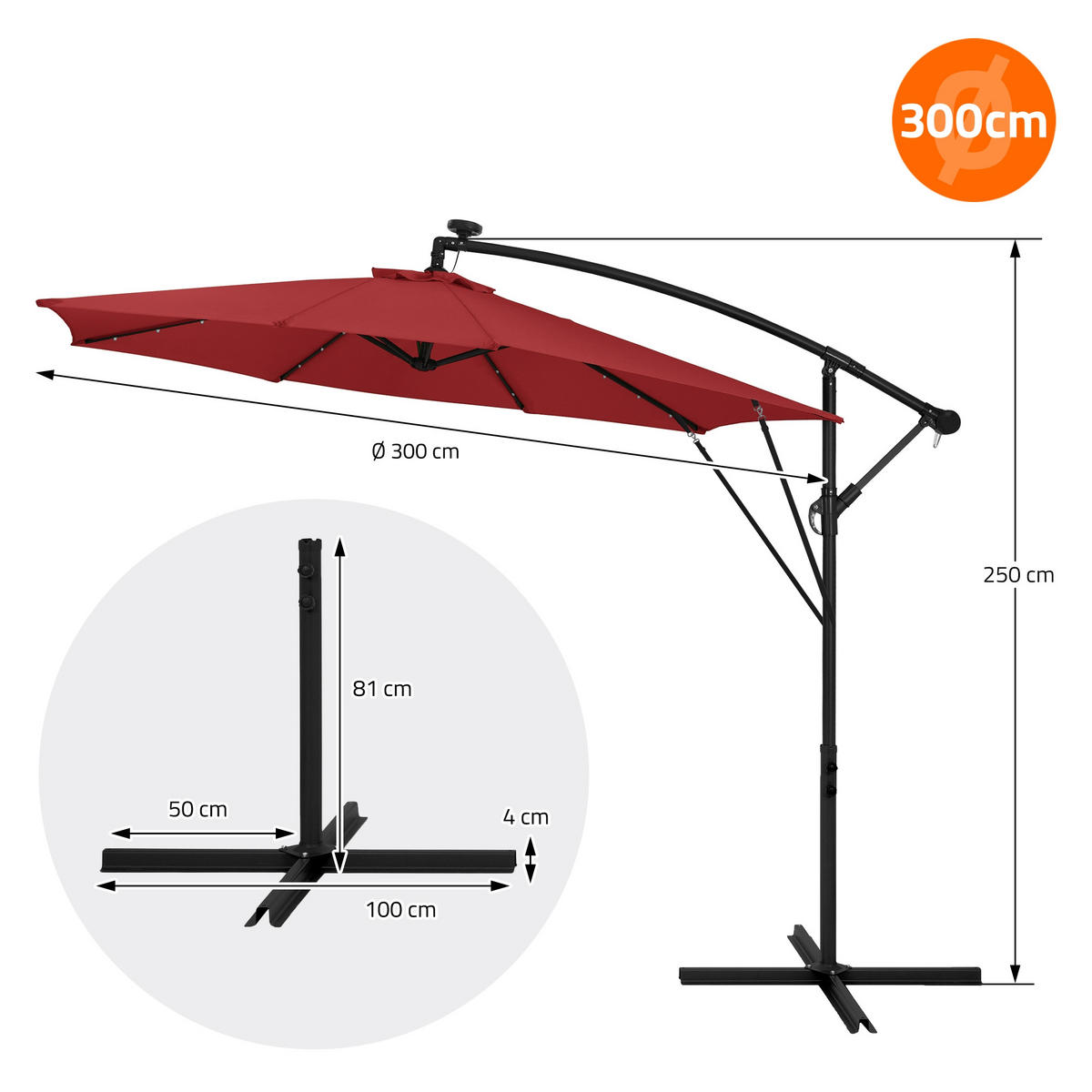 AMPELSCHIRM Ø 300 cm in Rot aus Aluminium mit LED-Solar - Rot, Metall (300/300cm) - ML-DESIGN