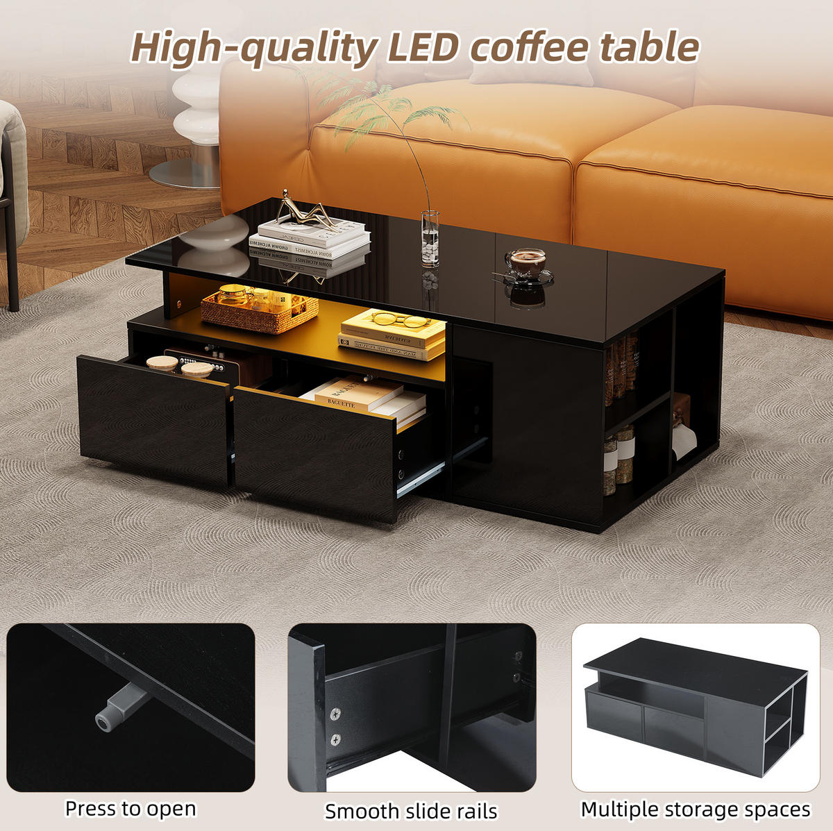 COUCHTISCH 100/50/35 cm schwarz aus Spanplatte mit LED und 2 Schubladen - Schwarz, Holzwerkstoff (100/50/35cm) - OKMYHOME