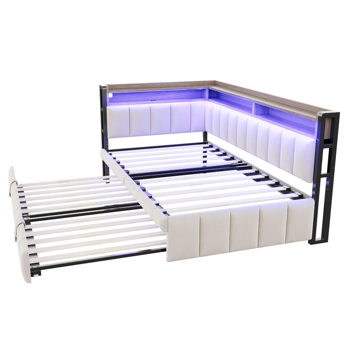 BETT 90/200 cm in Beige mit Ausziehbett, LED und USB-C - Beige, Textil (90/200cm) - BEAOK