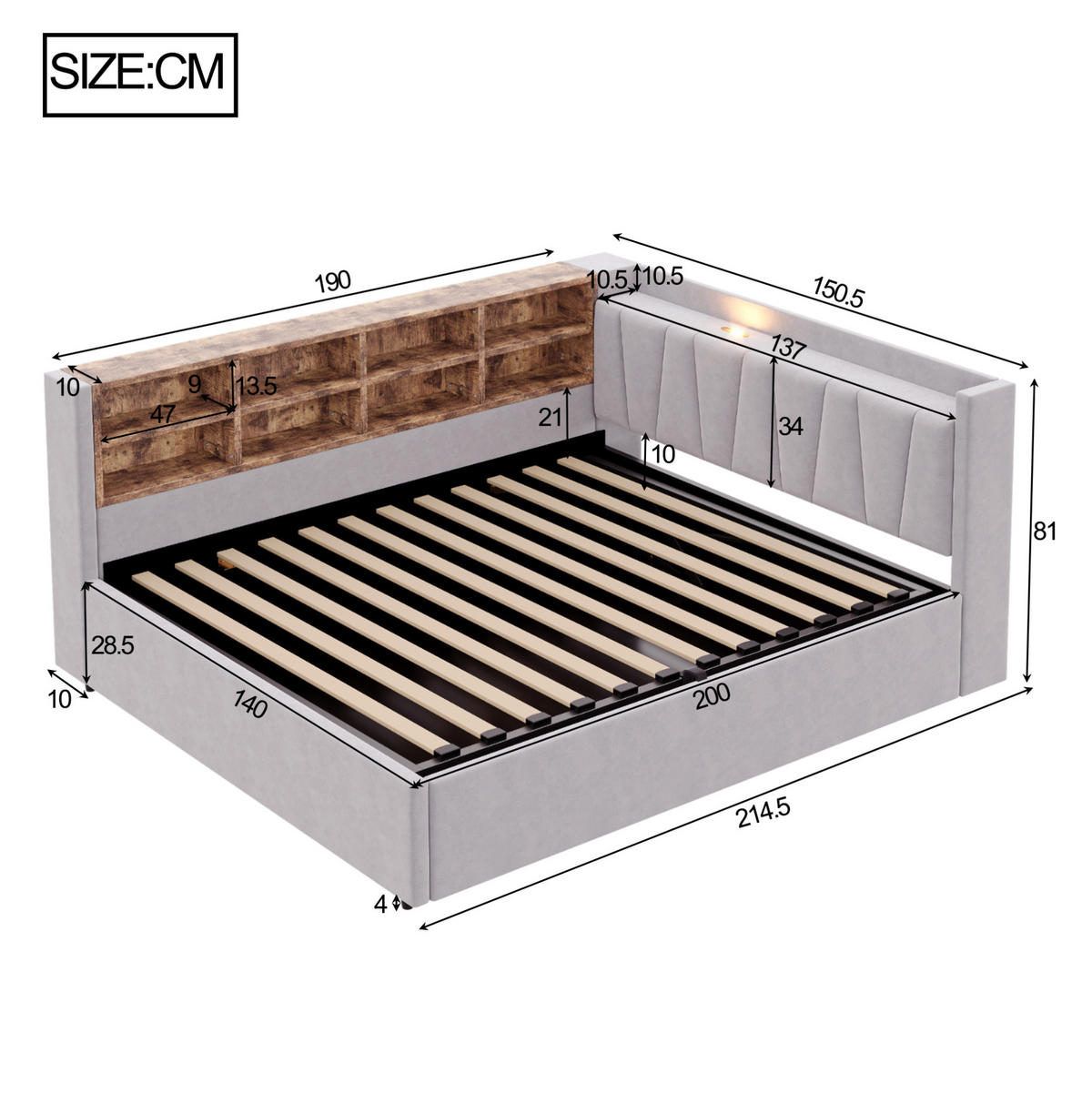 POLSTERBETT 140/200 cm aus Samt mit Stauraum, Nachtlicht und USB, Hellgrau - Hellgrau, Textil (140/200cm) - OKMYHOME