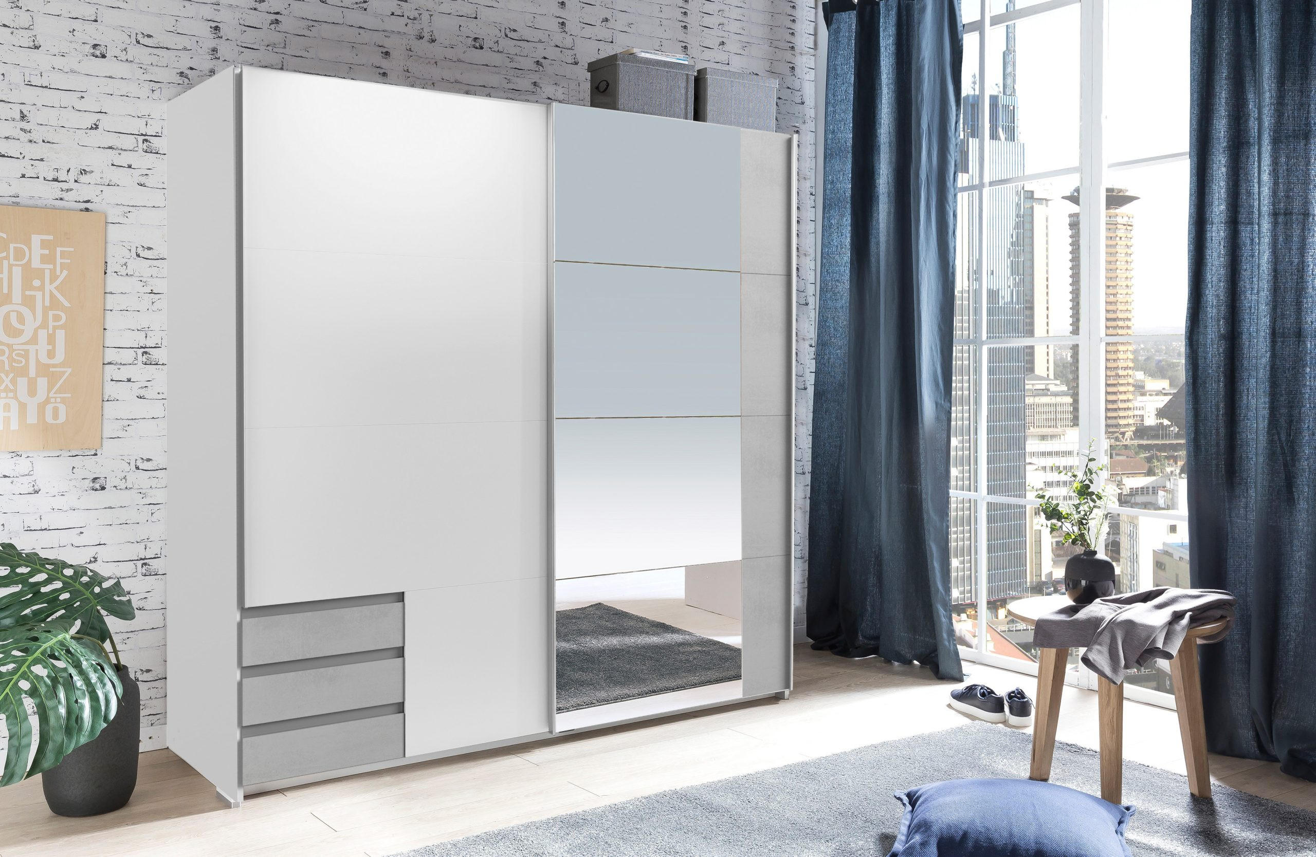 KLEIDERSCHRANK Emden in Weiß mit Beton - Schwebetürenschrank Breite 179 cm mit Spiegel - Weiß, Holzwerkstoff (179/198/65cm)