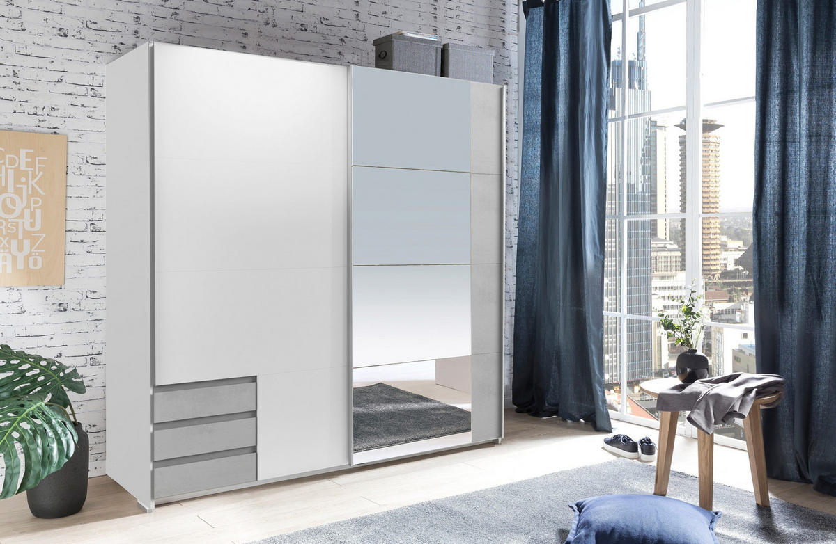 KLEIDERSCHRANK Emden in Weiß mit Beton - Schwebetürenschrank Breite 179 cm mit Spiegel - Weiß, Holzwerkstoff (179/198/65cm)