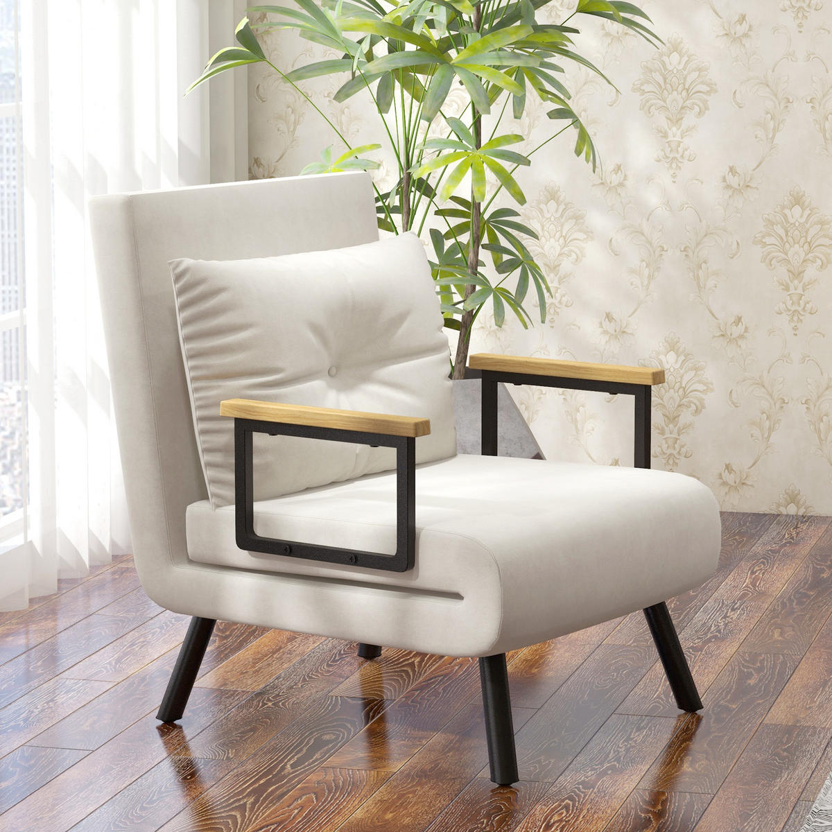 SCHLAFSESSEL, Einzelsofa mit Bettfunktion, Relaxsessel mit Rückenkissen Creme - Creme/Schwarz, Holz/Textil (63/81/73cm) - HOMCOM