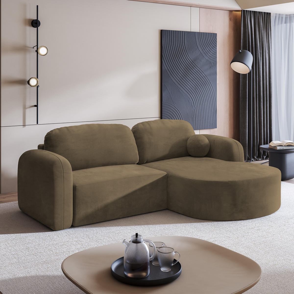 ECKSOFA AMILIA M R-S Beige Velours-Stoff mit Schlaffunktion - Beige, Holz (263/174cm) - MASSENO