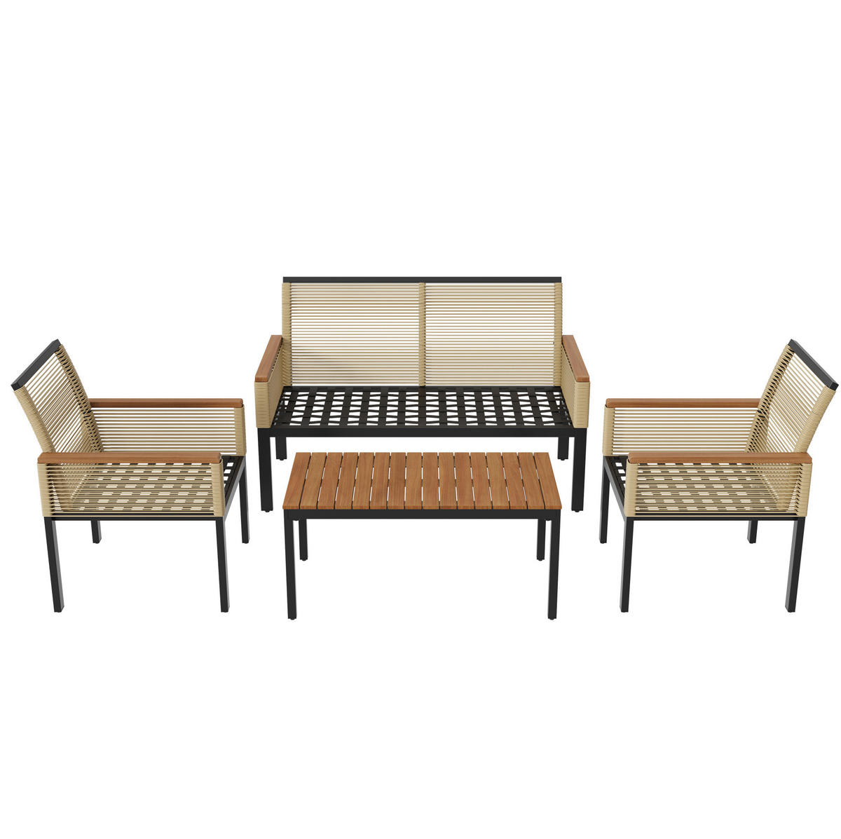 GARTENLOUNGE-SET mit 2 Sesseln, Doppelsofa und Tisch aus Polyrattan mit Akazienholz, Beige - Beige, Metall - Redom