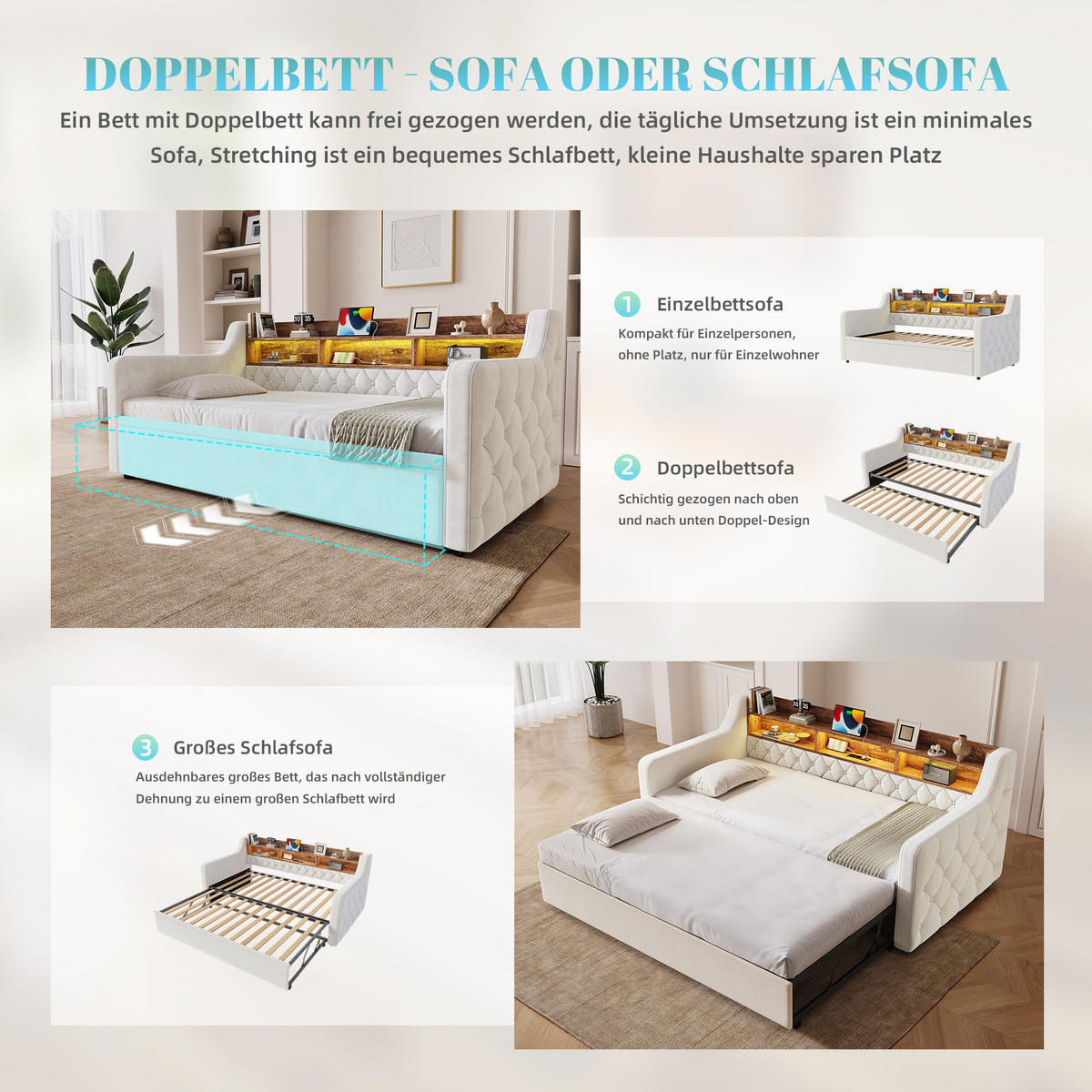 SCHLAFSOFA Beige aus Samt mit Ausziehbett, Stauraumkopfteil, LED und USB-Ladeanschlüssen - Beige, Textil (107/80/201cm) - Luhomfu