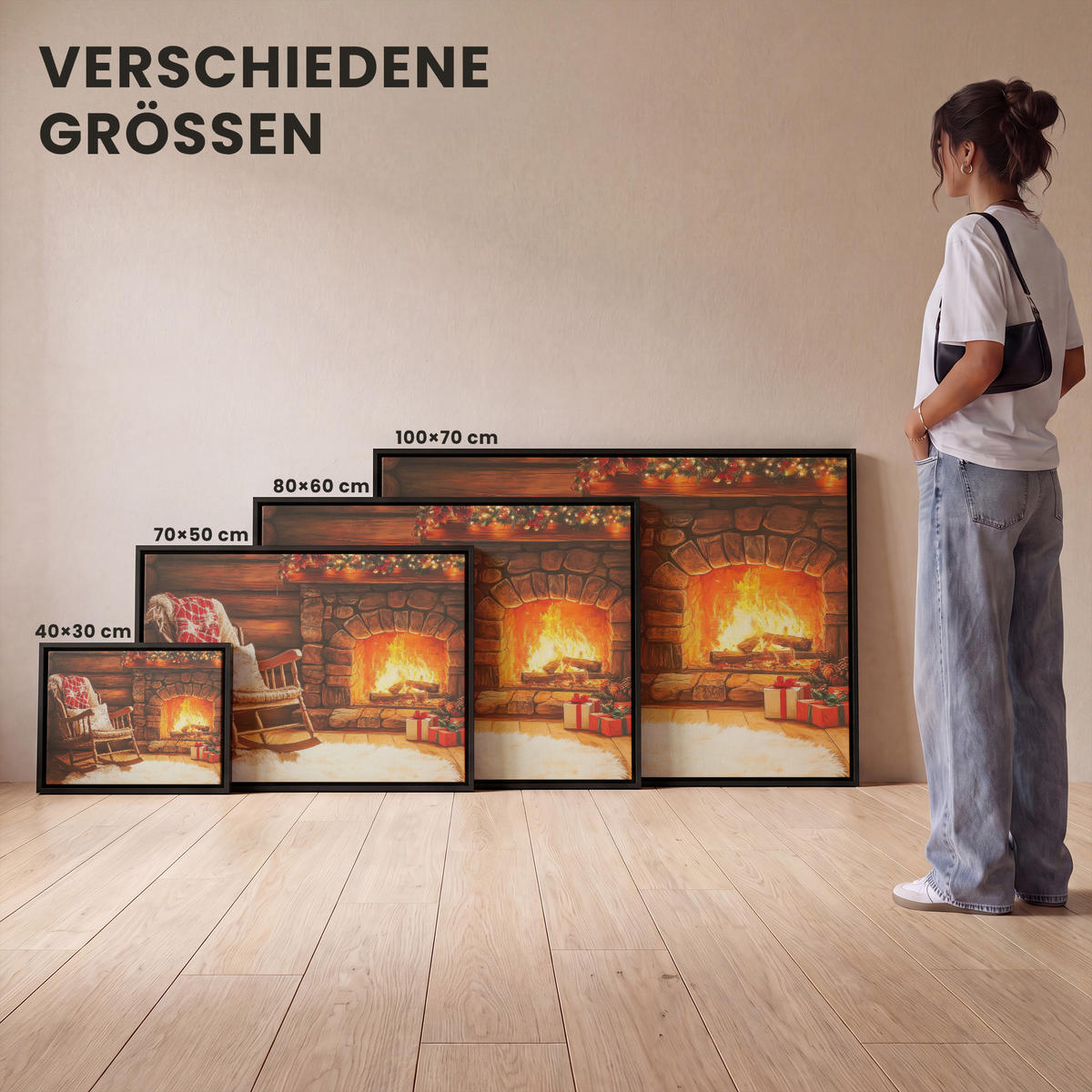 LEINWAND Bilder mit Rahmen - Winter - Weihnachten - Zuhause - Kamin - 100x70 - Bernsteinfarben, Textil (100/70cm) - MuchoWow