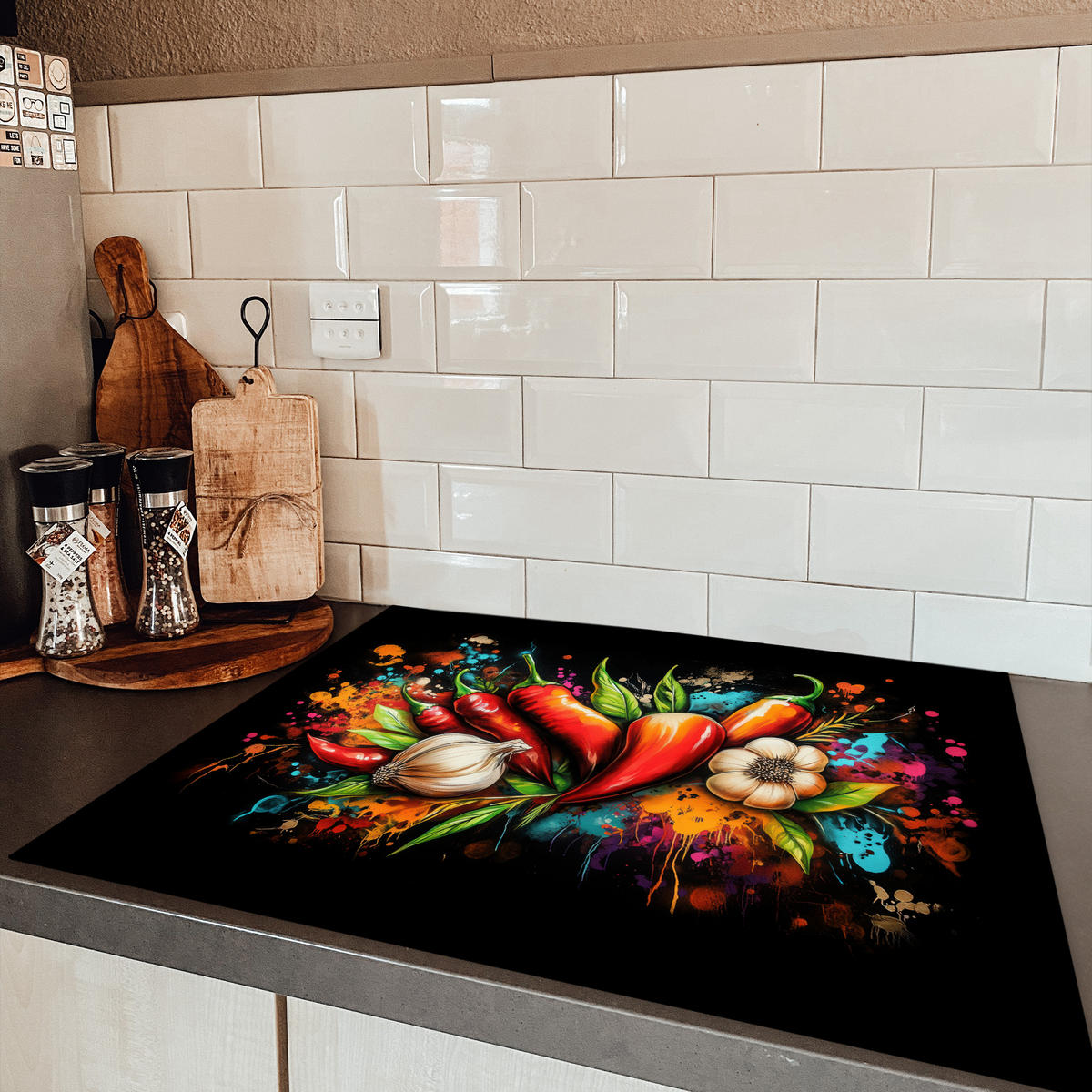 HERDABDECKPLATTE Gemüse - Paprika - Knoblauch - Graffiti - Farbe - Bunt Induktionsmatte 77x59 cm - Rot, Kunststoff (77/59/0.2cm) - MuchoWow