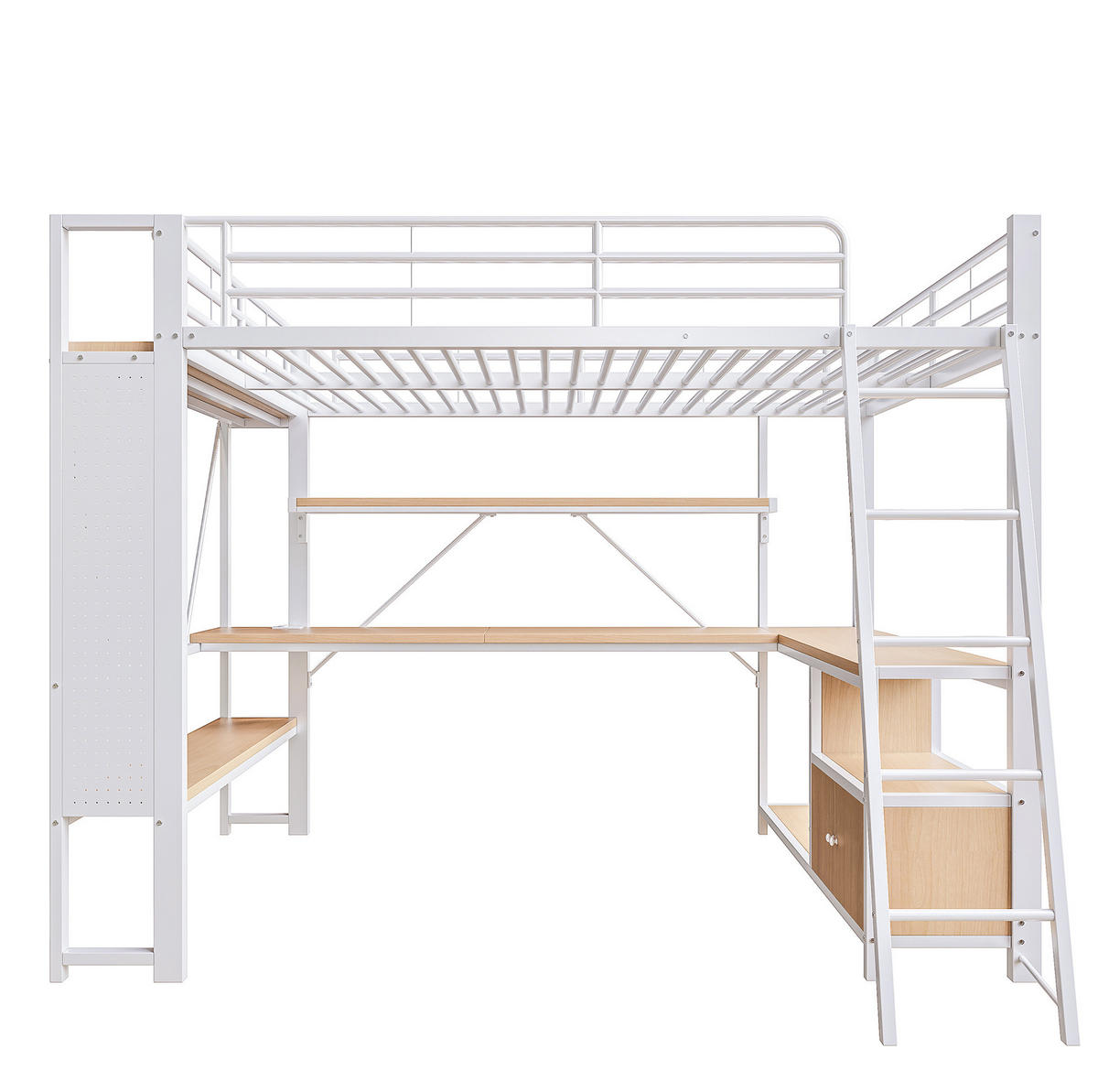 HOCHBETT mit Schreibtisch 140/200 cm in Weiß – mit Stauraum, Regalen und LED - Weiß, Metall (140/200cm) - BEAOK